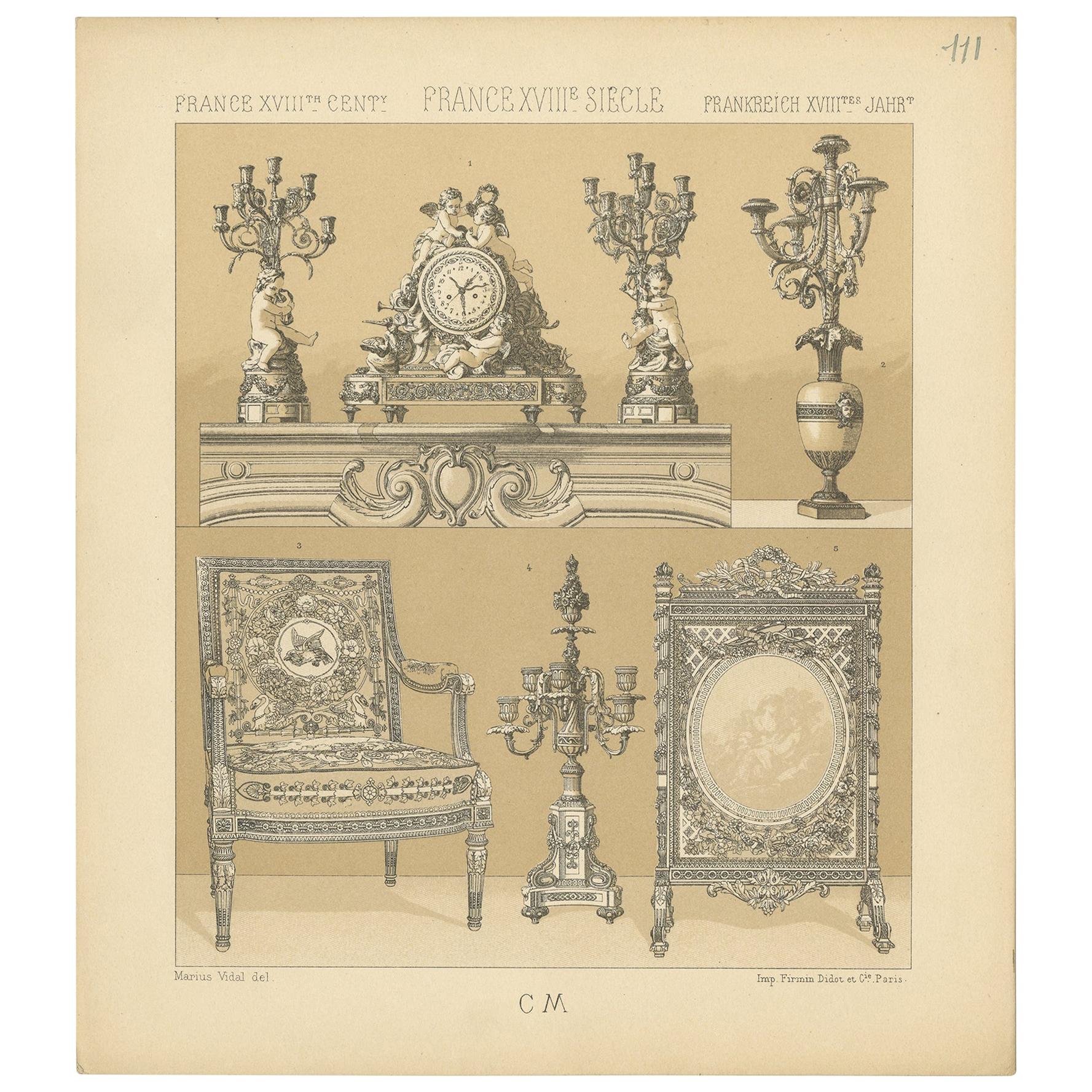 Impression ancienne d'objets décoratifs français du XVIIIe siècle Pl 111 par Racinet