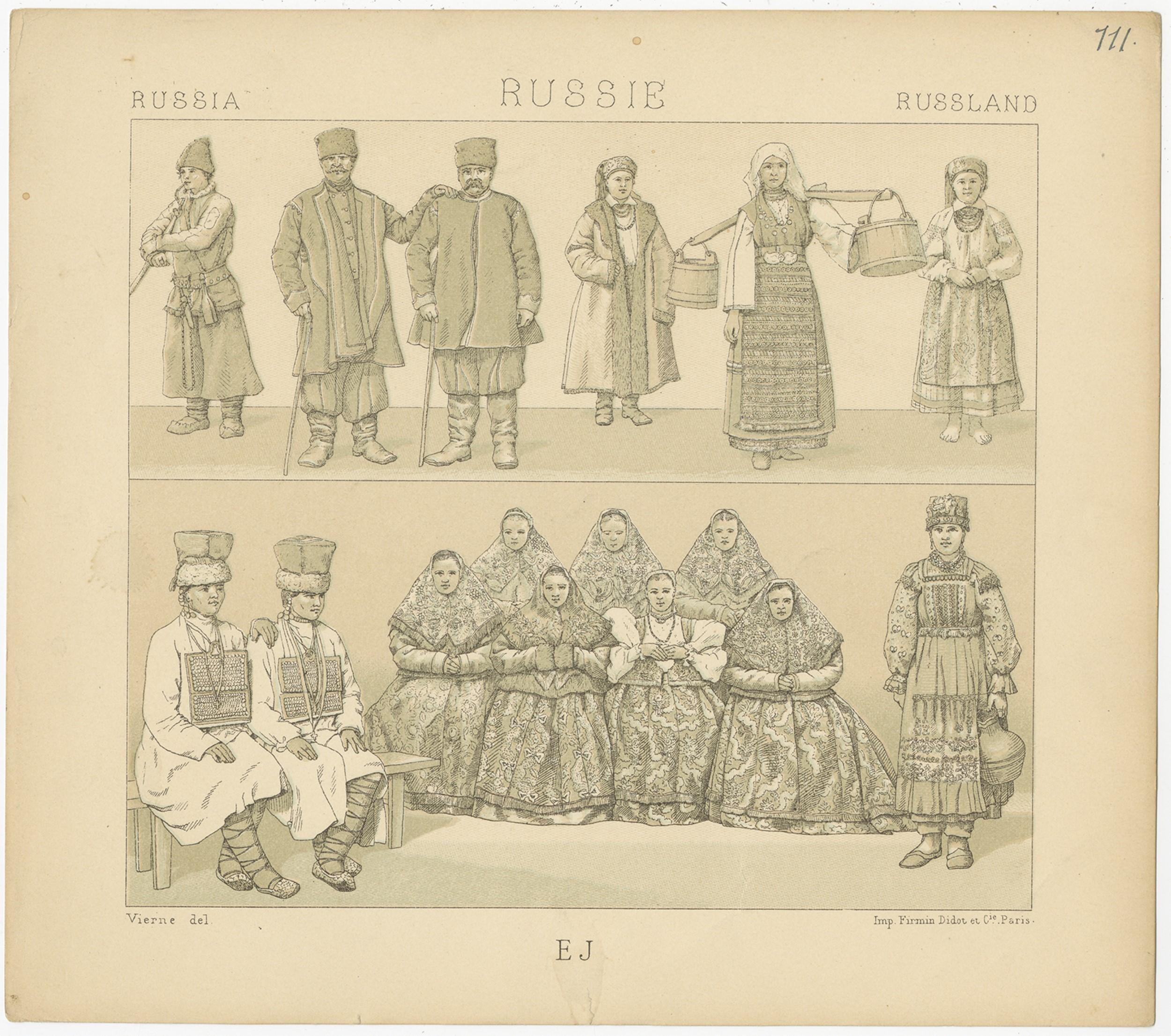 Pl. 111 Antique Print of Russian Costumes Racinet, 'circa 1880' In Good Condition For Sale In Langweer, NL