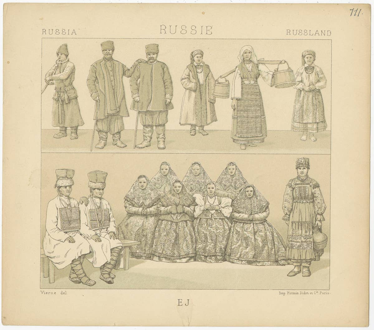 Pl. 111 Antique Print of Russian Costumes Racinet, 'circa 1880'