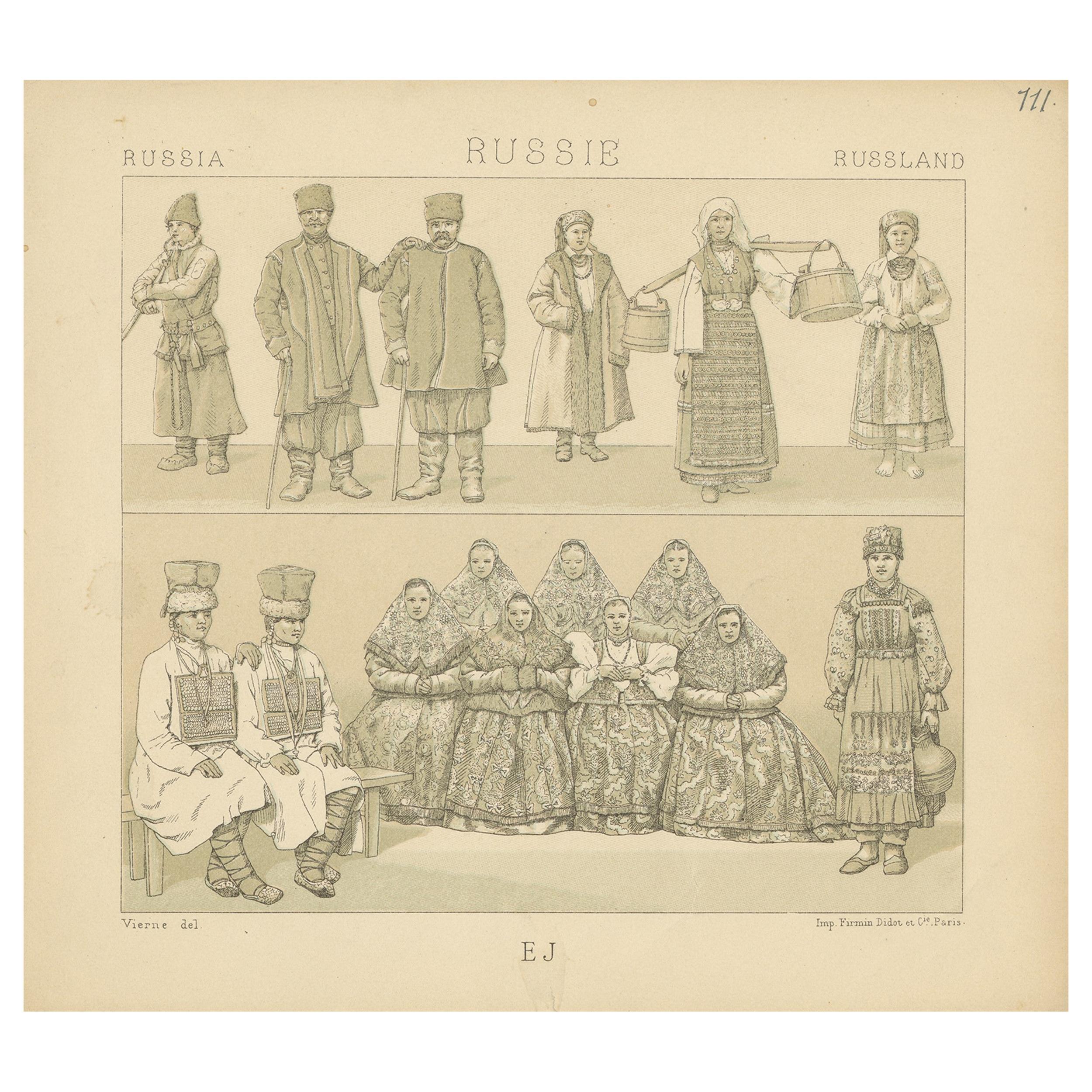 Pl. 111 Antique Print of Russian Costumes Racinet, 'circa 1880' For Sale