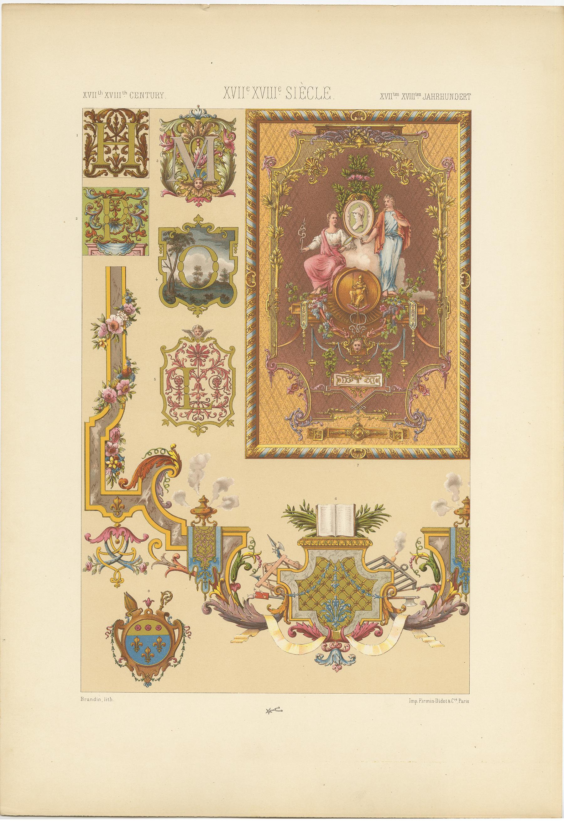 Antique print titled '17th - 18th Century - XVIIc-XIIIc Siècle - XVIILes-XVIIIles Jahrhundert'. Chromolithograph of detail from French tapestries and miniature paintings ornaments. This print originates from 'l'Ornement Polychrome' by Auguste