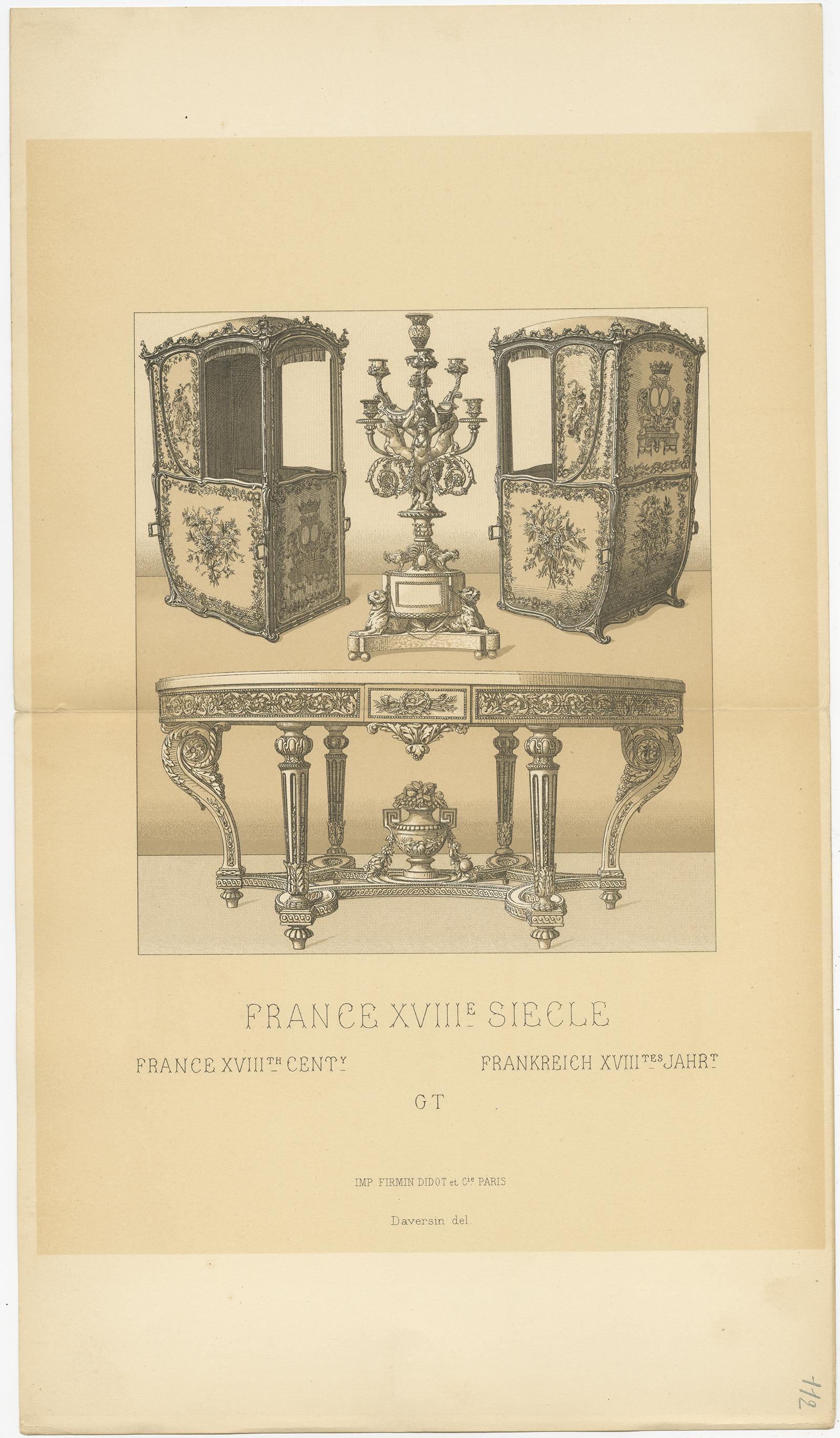 Antique print titled 'France XVIIIth Cent - France XVIIIe, Siecle - Frankreich XVIIItes Jahr'. Chromolithograph of French 18th century furniture. This print originates from 'Le Costume Historique' by M.A. Racinet. Published, circa 1880.

Small cut