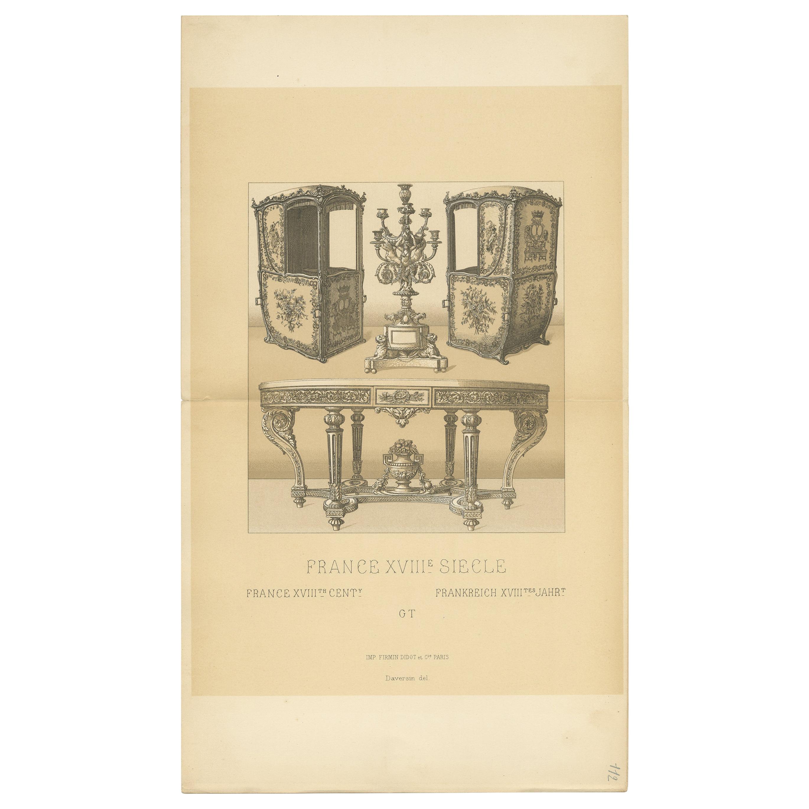Pl 112 Antique Print of French 18th Century Furniture by Racinet For Sale
