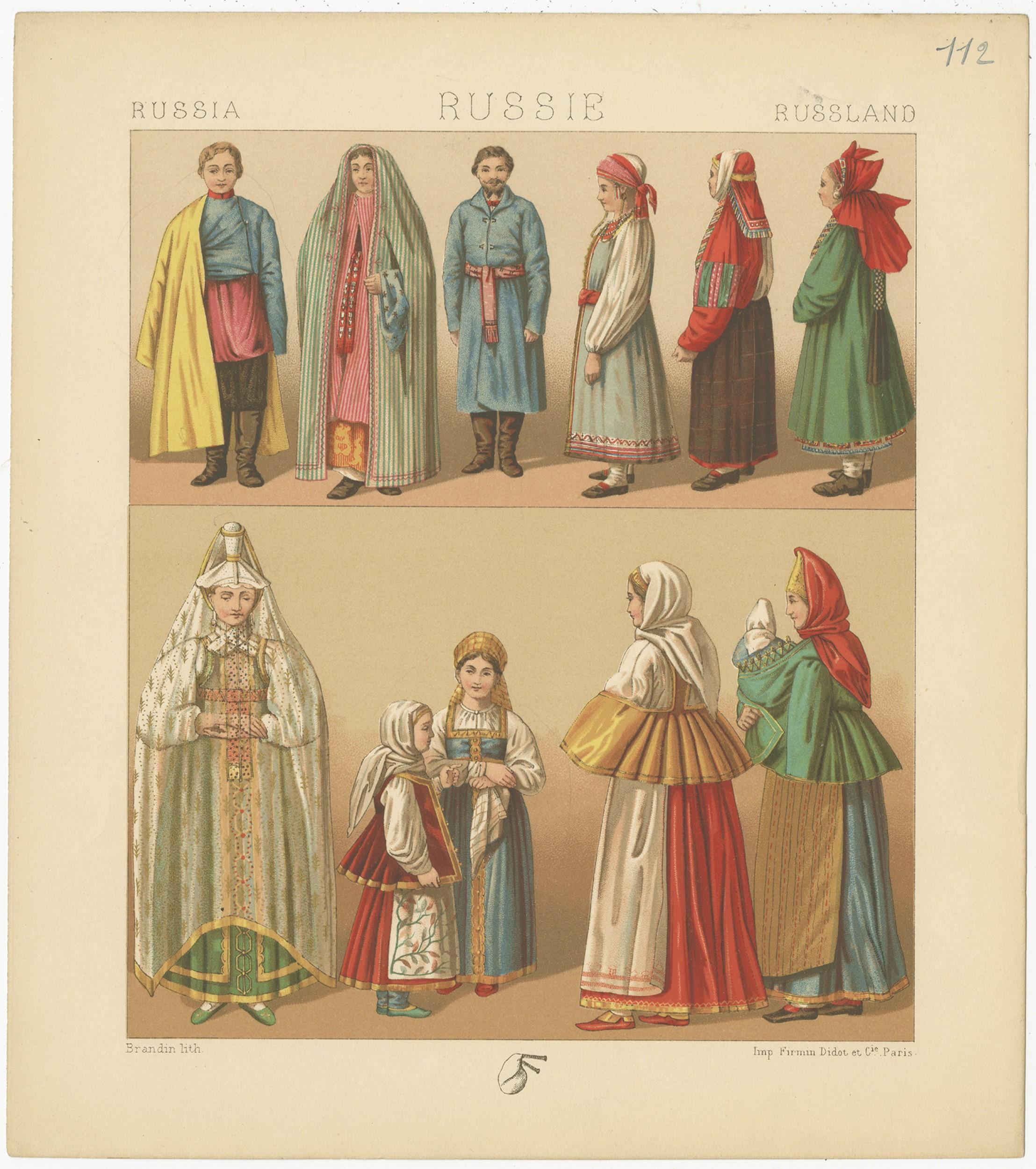 Antique print titled 'Russia - Russie - Russland'. Chromolithograph of Russian Costumes. This print originates from 'Le Costume Historique' by M.A. Racinet. Published, circa 1880.