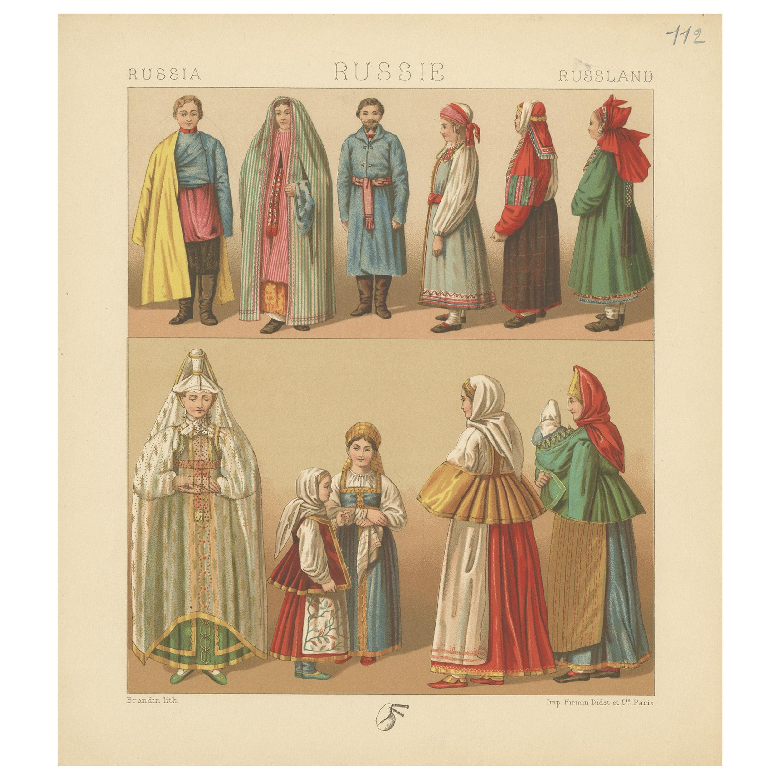 Pl. 112 Antique Print of Russian Costumes Racinet, 'circa 1880' For Sale