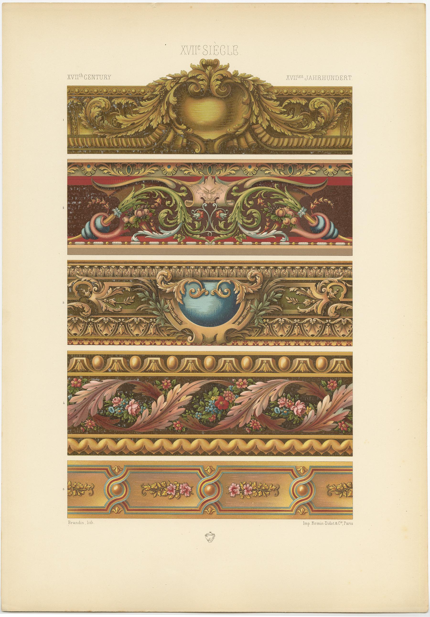 Antique print titled '17th Century - XVIIc Siècle - XVIILes Jahrhundert'. Chromolithograph of details from French tapestries ornaments. This print originates from 'l'Ornement Polychrome' by Auguste Racinet. Published, circa 1890.