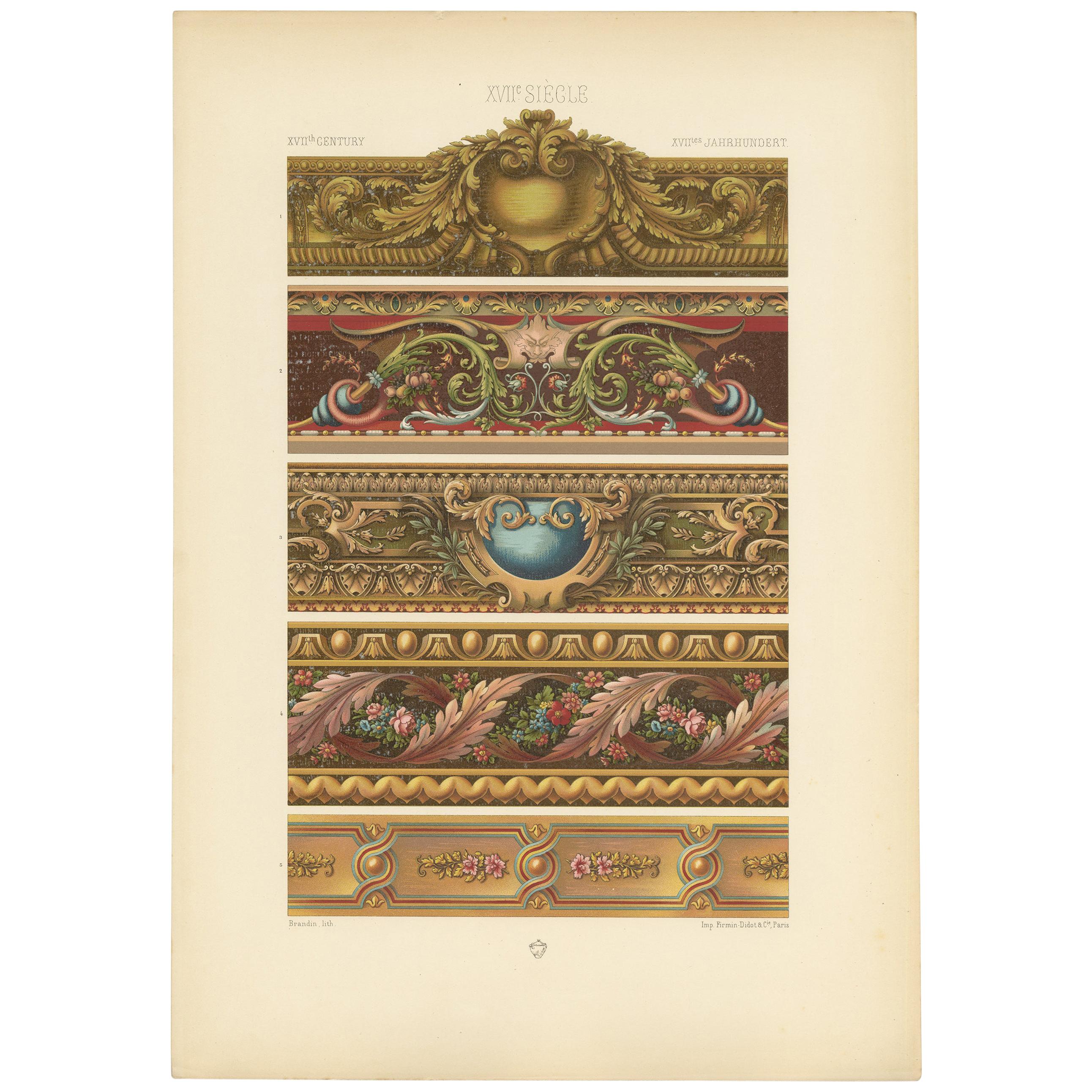 Pl. 113 Antique Print of 17th Century French Tapestries by Racinet, circa 1890 For Sale