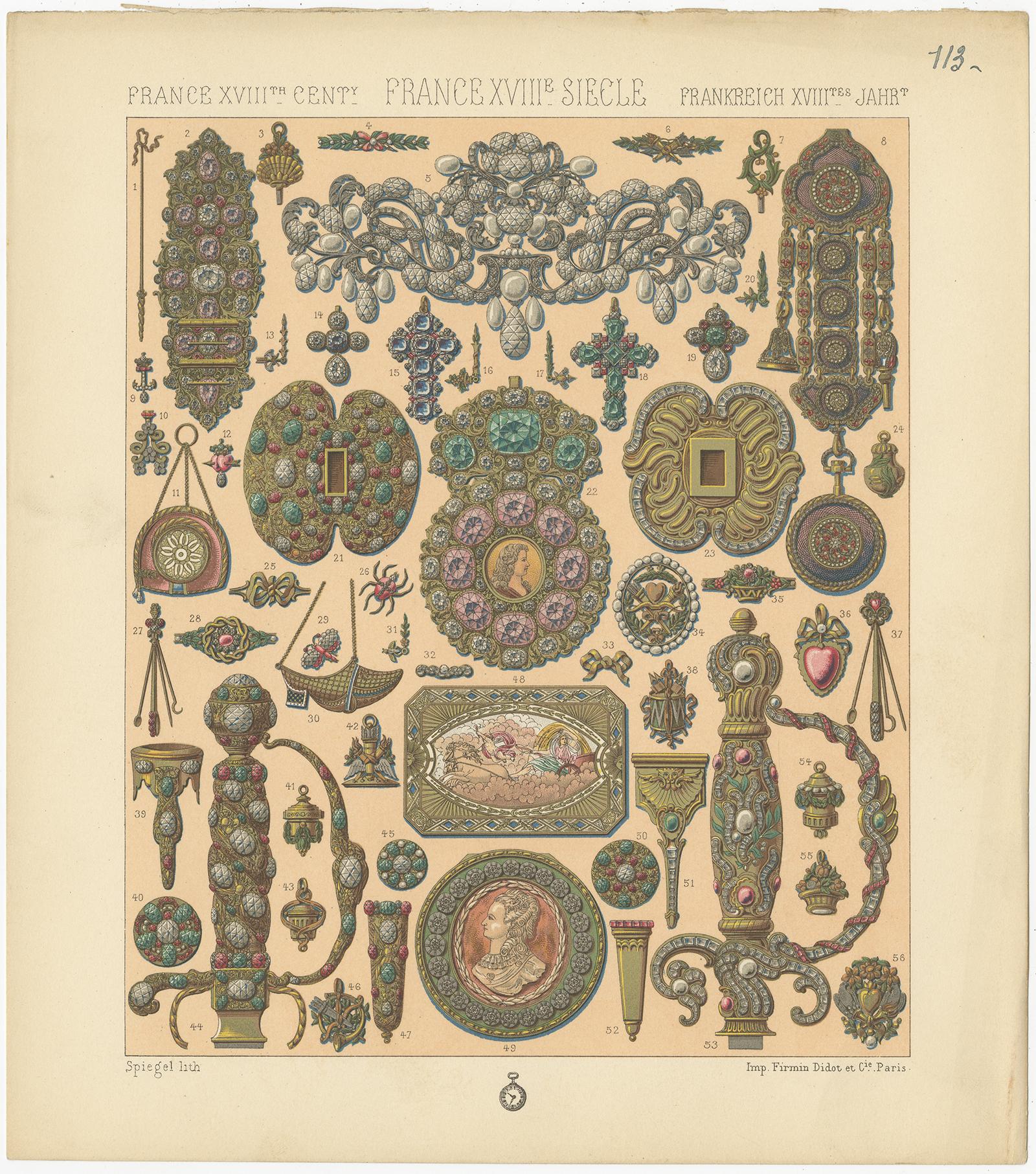 Antique print titled 'France XVIIIth Cent - France XVIIIe, Siecle - Frankreich XVIIItes Jahr'. Chromolithograph of French 18th century decorative objects. This print originates from 'Le Costume Historique' by M.A. Racinet. Published circa