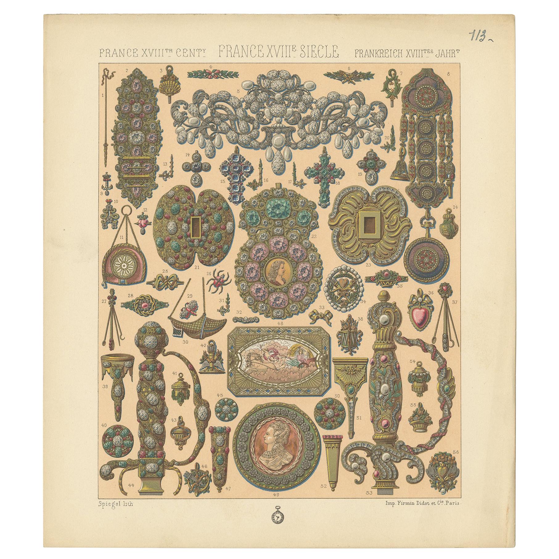 Pl. 113 Impression ancienne d'objets décoratifs français du XVIIIe siècle par Racinet