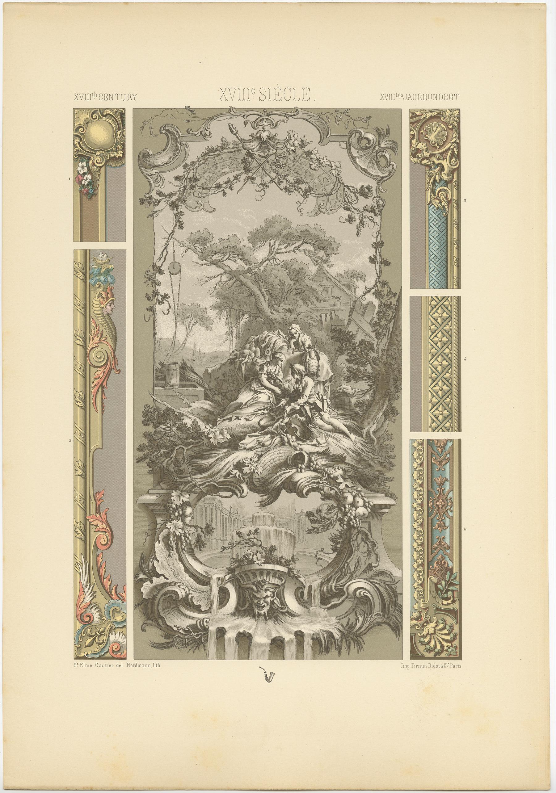 Antique print titled '18th Century - XIIIc Siècle -XVIIIles Jahrhundert'. Chromolithograph of decorative panel by Francois Boucher, and French tapestry borders ornaments. This print originates from 'l'Ornement Polychrome' by Auguste Racinet.