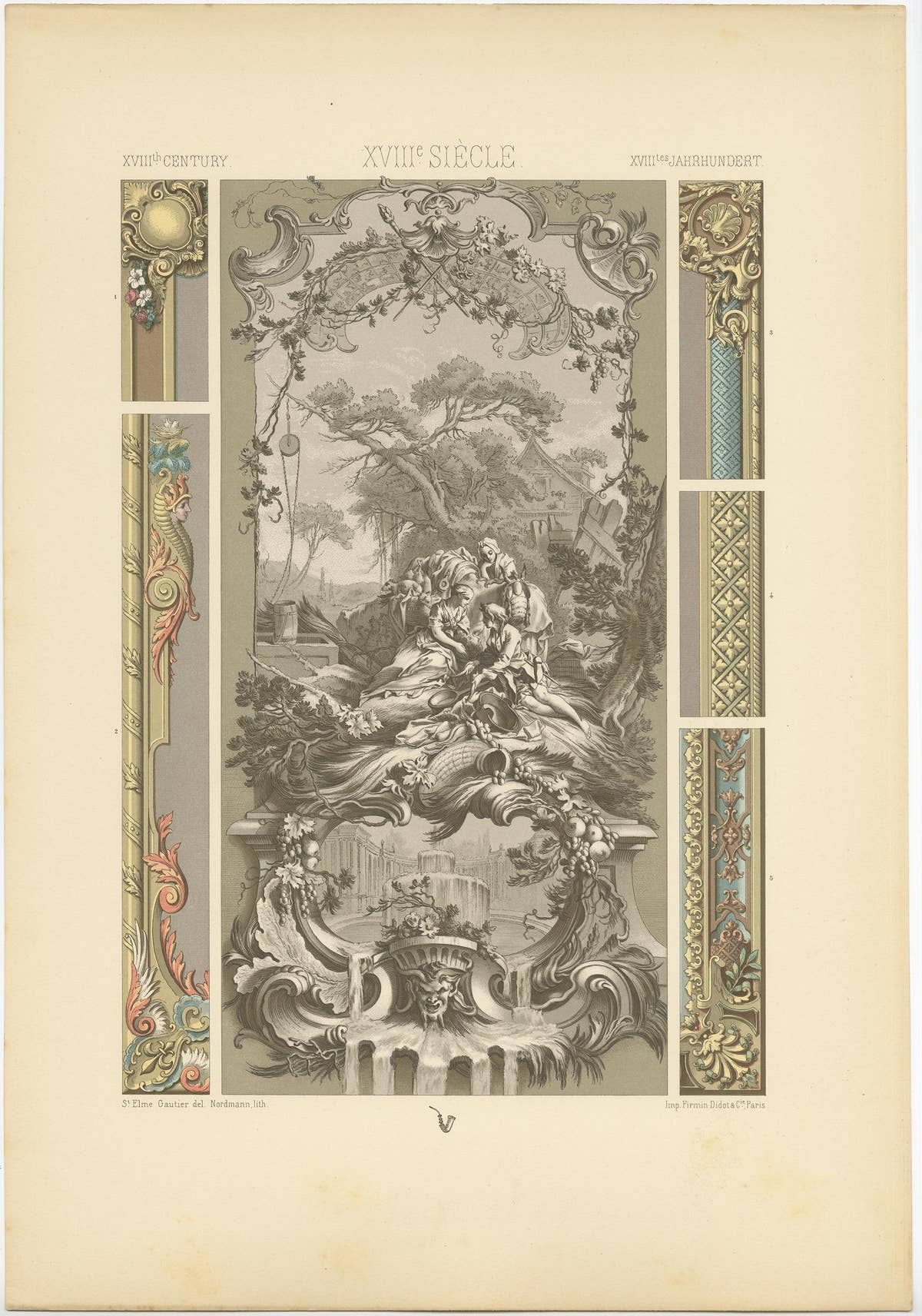 Pl. 114 Antique Print of 18th Century Decorative Panel by Racinet, circa 1890