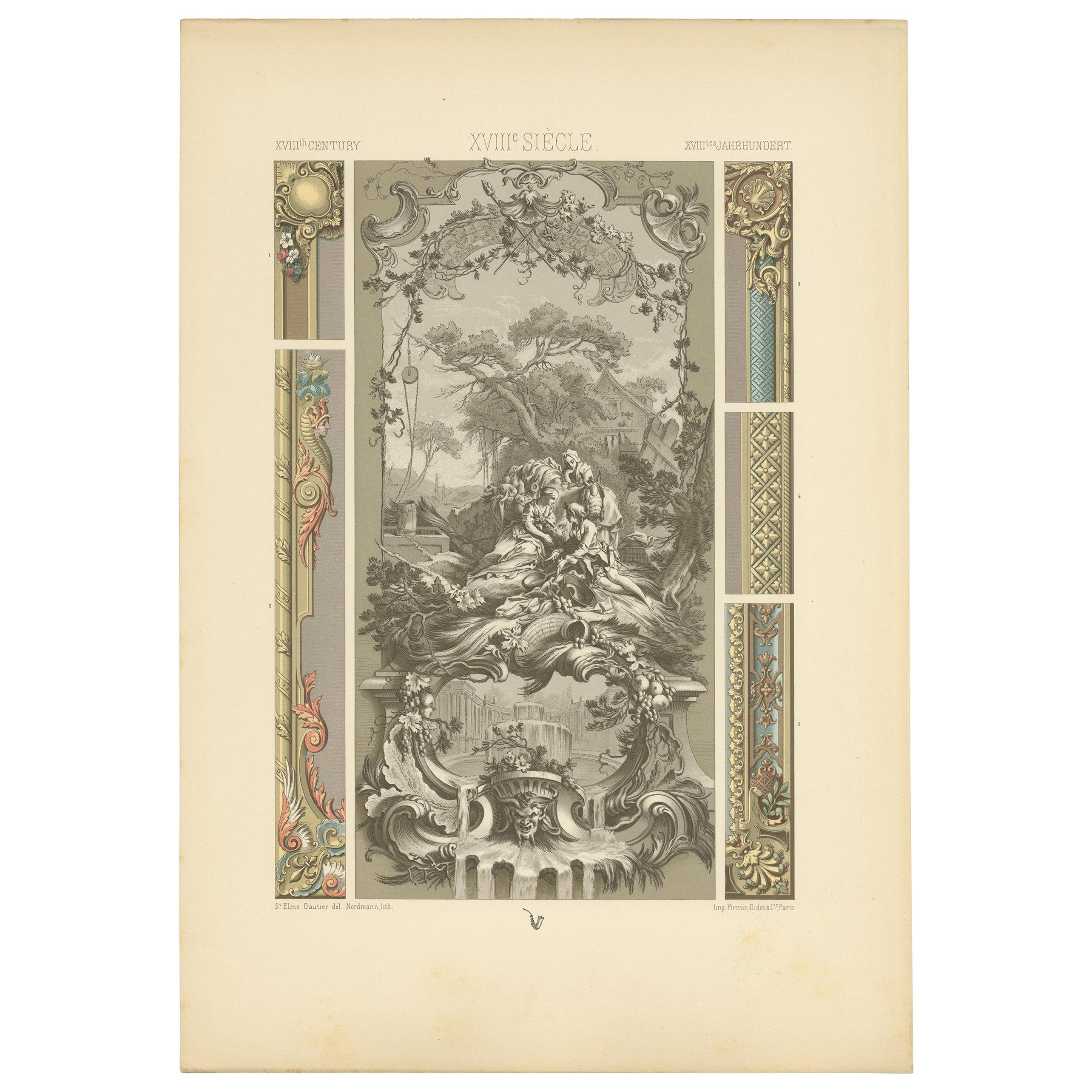 Pl. 114 Antique Print of 18th Century Decorative Panel by Racinet, circa 1890