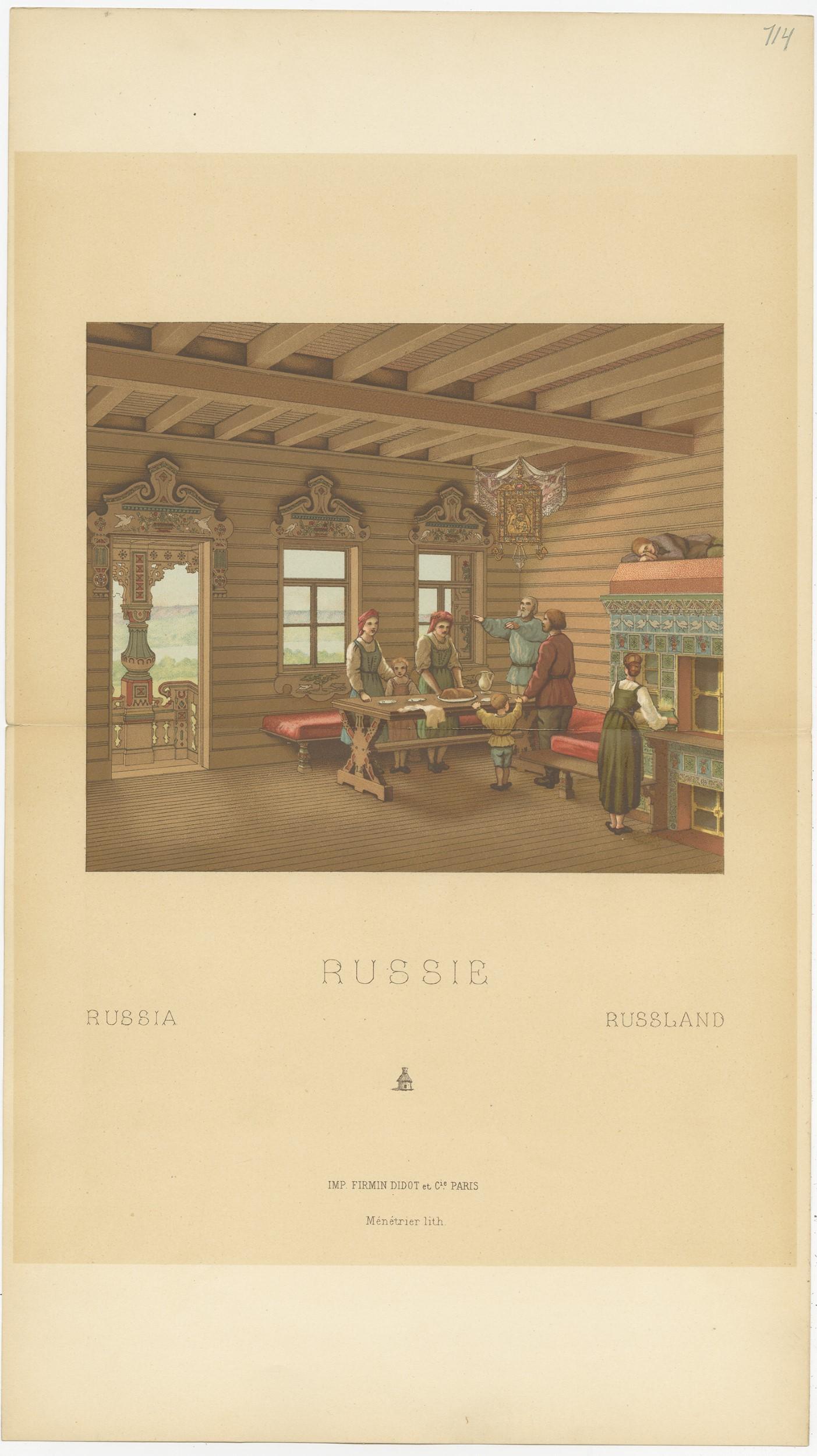 Antique print titled 'Russia - Russie - Russland'. Chromolithograph of Russian Dining Room. This print originates from 'Le Costume Historique' by M.A. Racinet. Published, circa 1880.