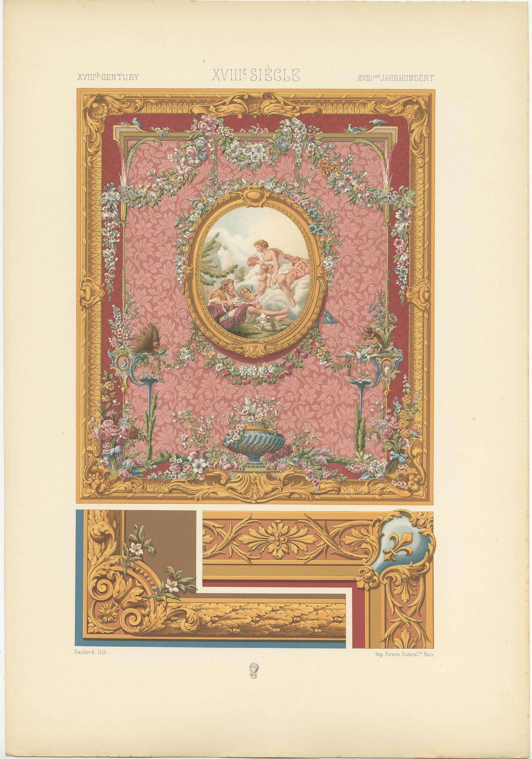 Antique print titled '18th Century - XIIIc Siècle -XVIIIles Jahrhundert'. Chromolithograph of tapestry by Boucher and Louis Tessier; details of tapestry corners ornaments. This print originates from 'l'Ornement Polychrome' by Auguste Racinet.
