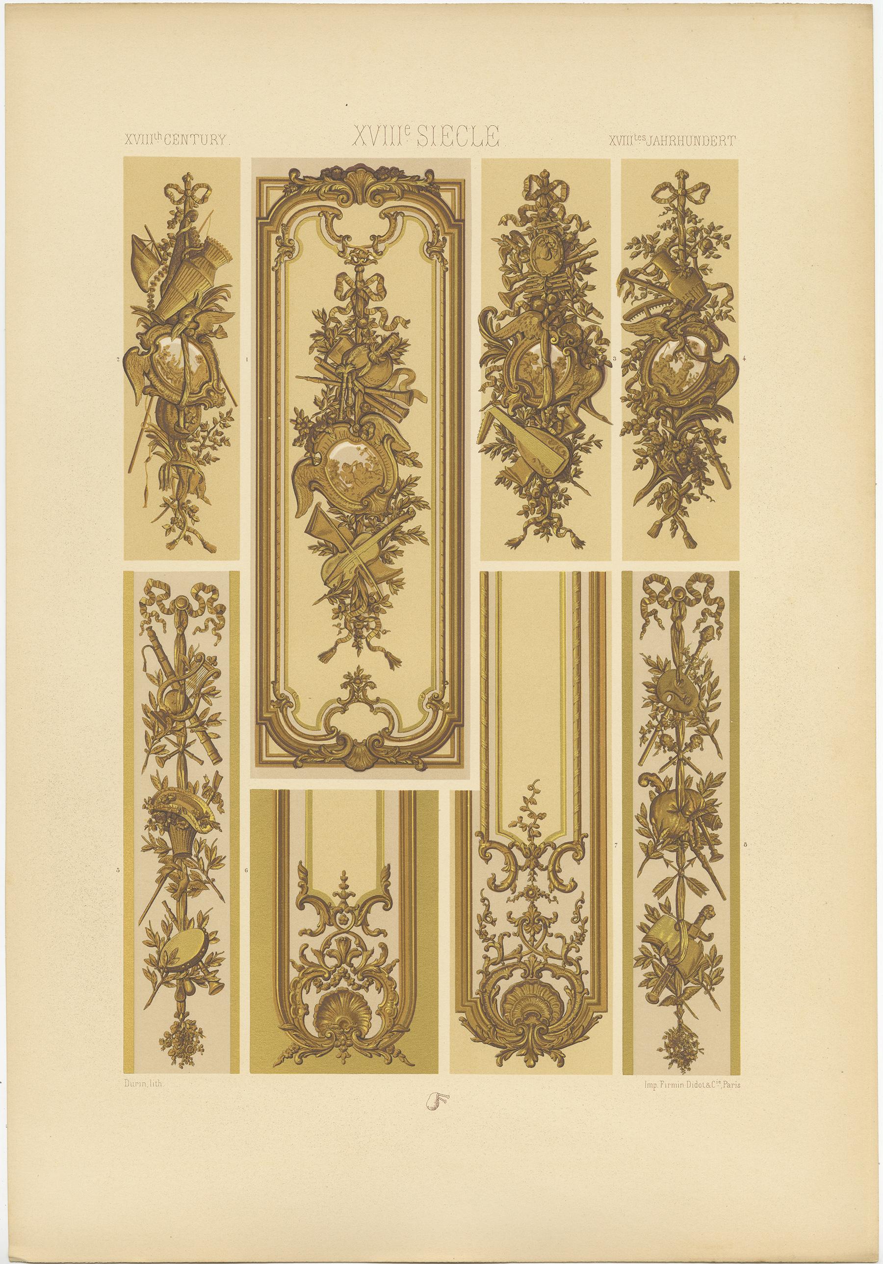 Antique print titled '18th Century - XIIIc Siècle -XVIIIles Jahrhundert'. Chromolithograph of carved and gilt wall panels from the Palace of Versailles ornaments. This print originates from 'l'Ornement Polychrome' by Auguste Racinet. Published circa