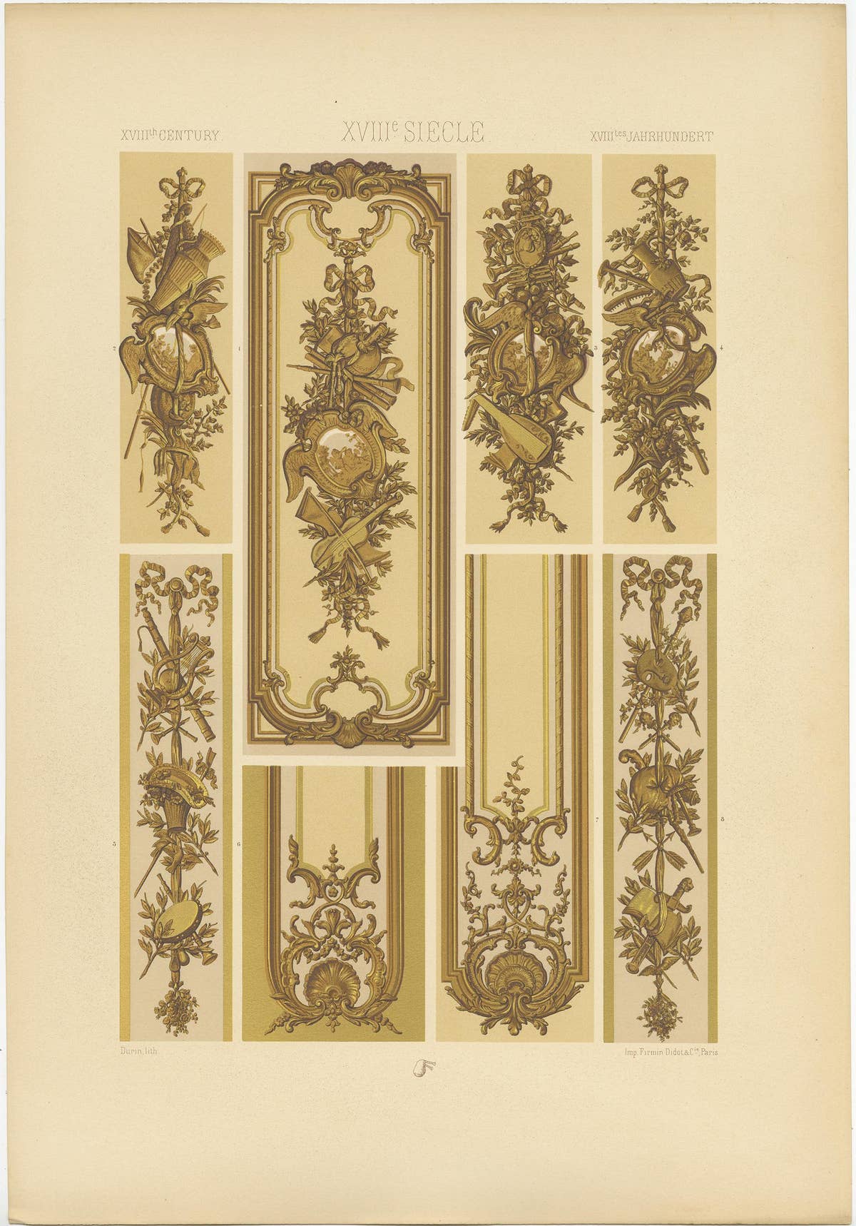 Pl. 116 Antique Print of 18th Century Carved & Gilt Wall by Racinet, circa 1890