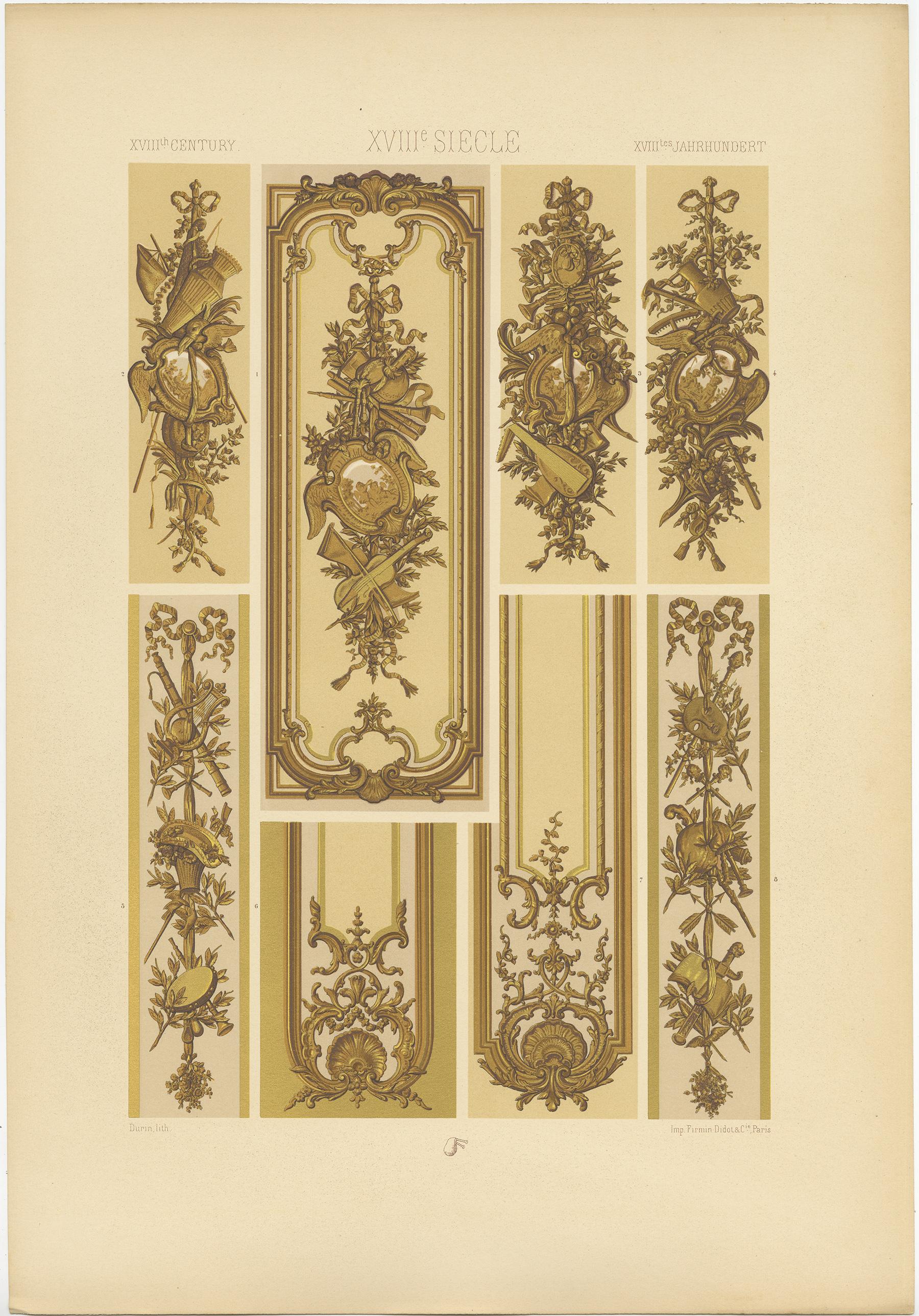 XIXe siècle Impression ancienne Pl. 116 d'un mur sculpté et doré du 18ème siècle par Racinet, datant d'environ 1890 en vente