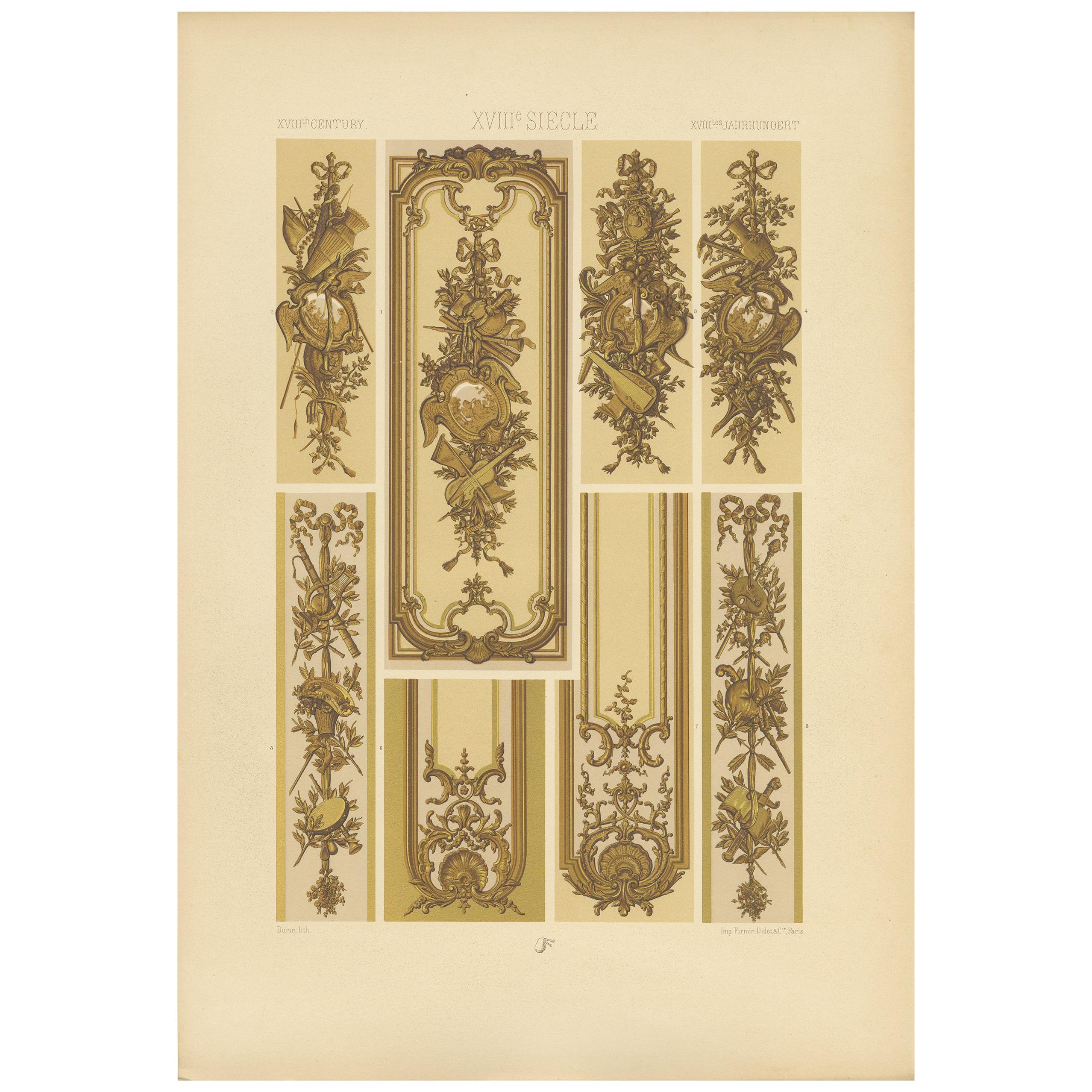 Pl. 116 Antique Print of 18th Century Carved & Gilt Wall by Racinet, circa 1890 For Sale