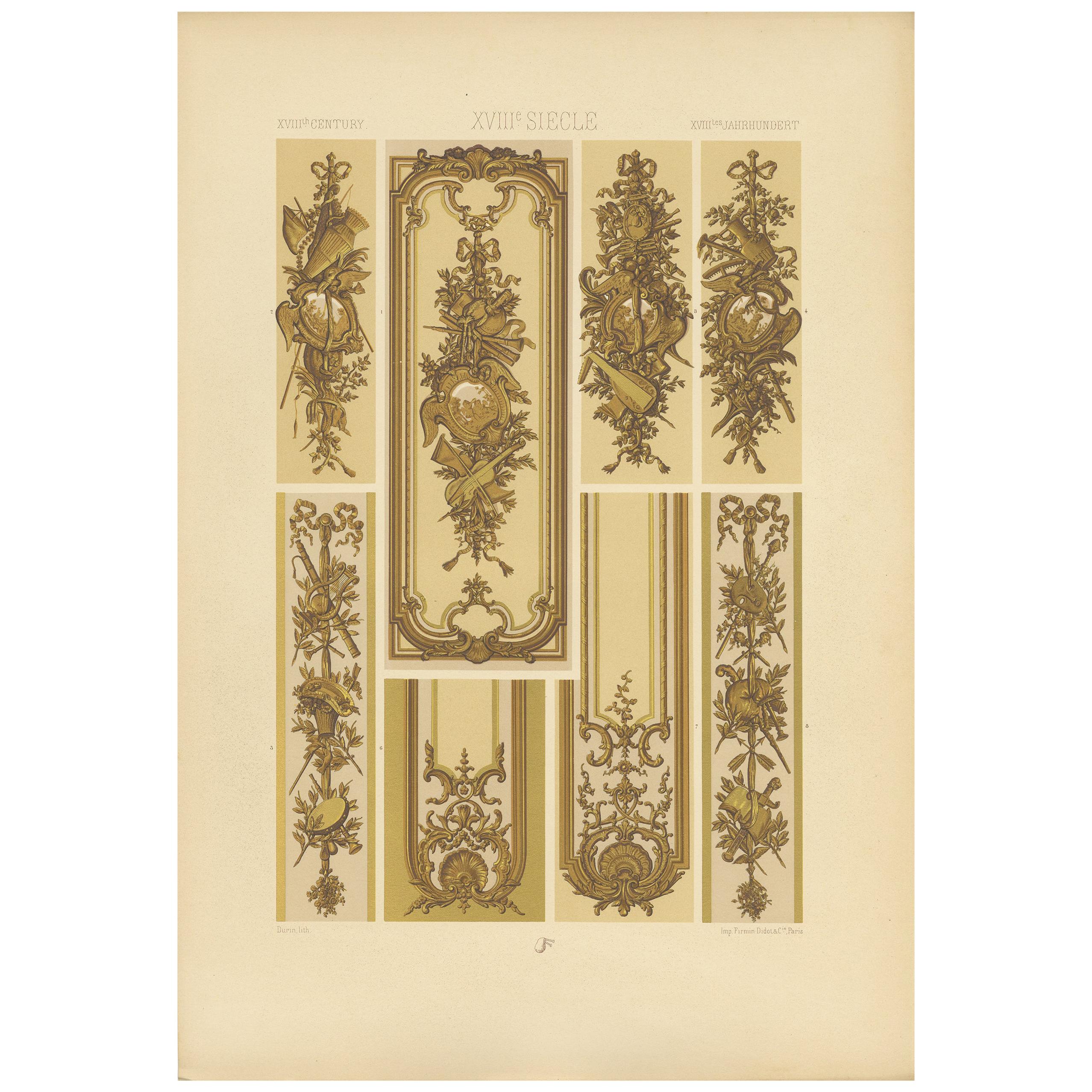 Pl. 116 Estampa antigua de pared tallada y dorada del siglo XVIII de Racinet, hacia 1890