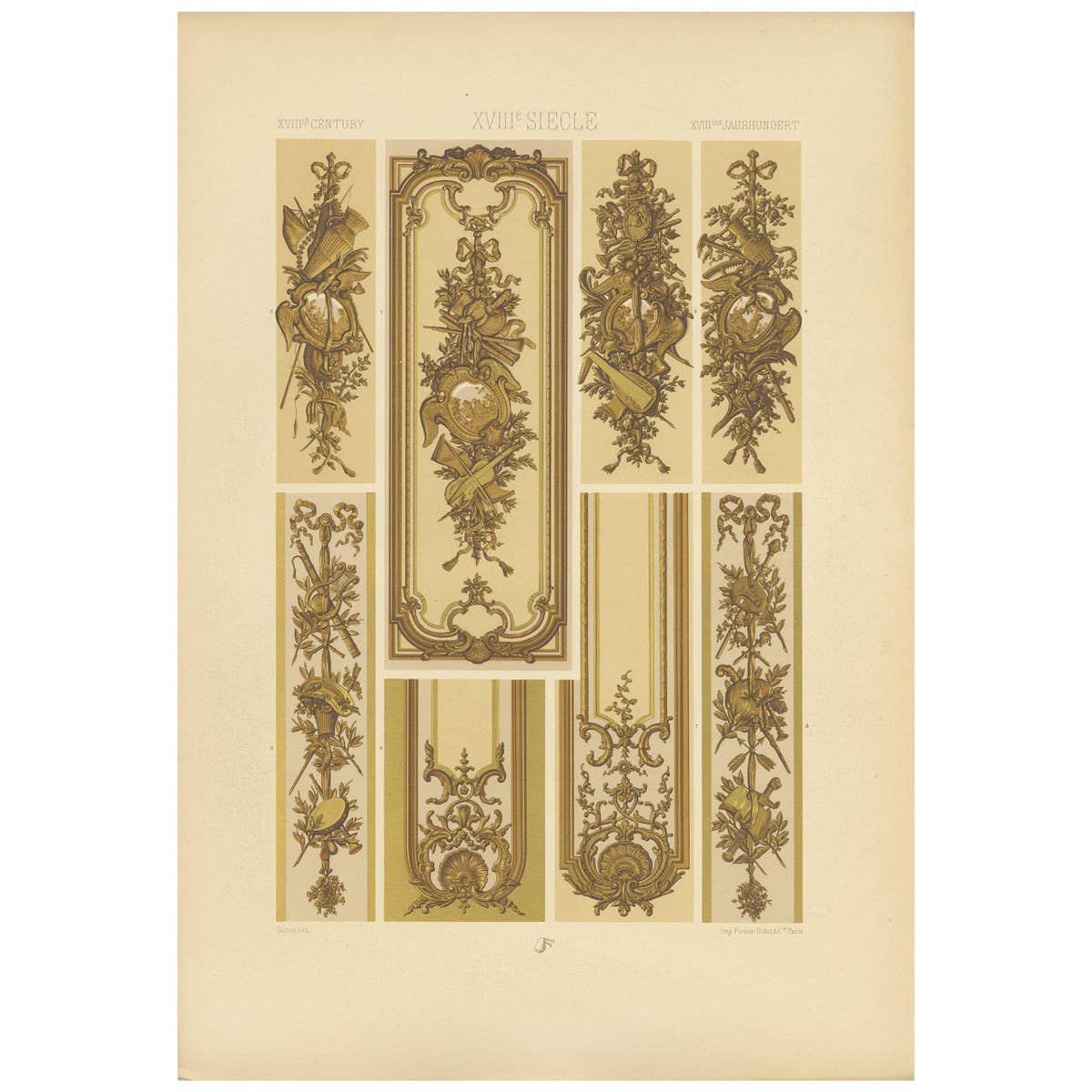 Pl. 116 Antique Print of 18th Century Carved & Gilt Wall by Racinet, circa 1890