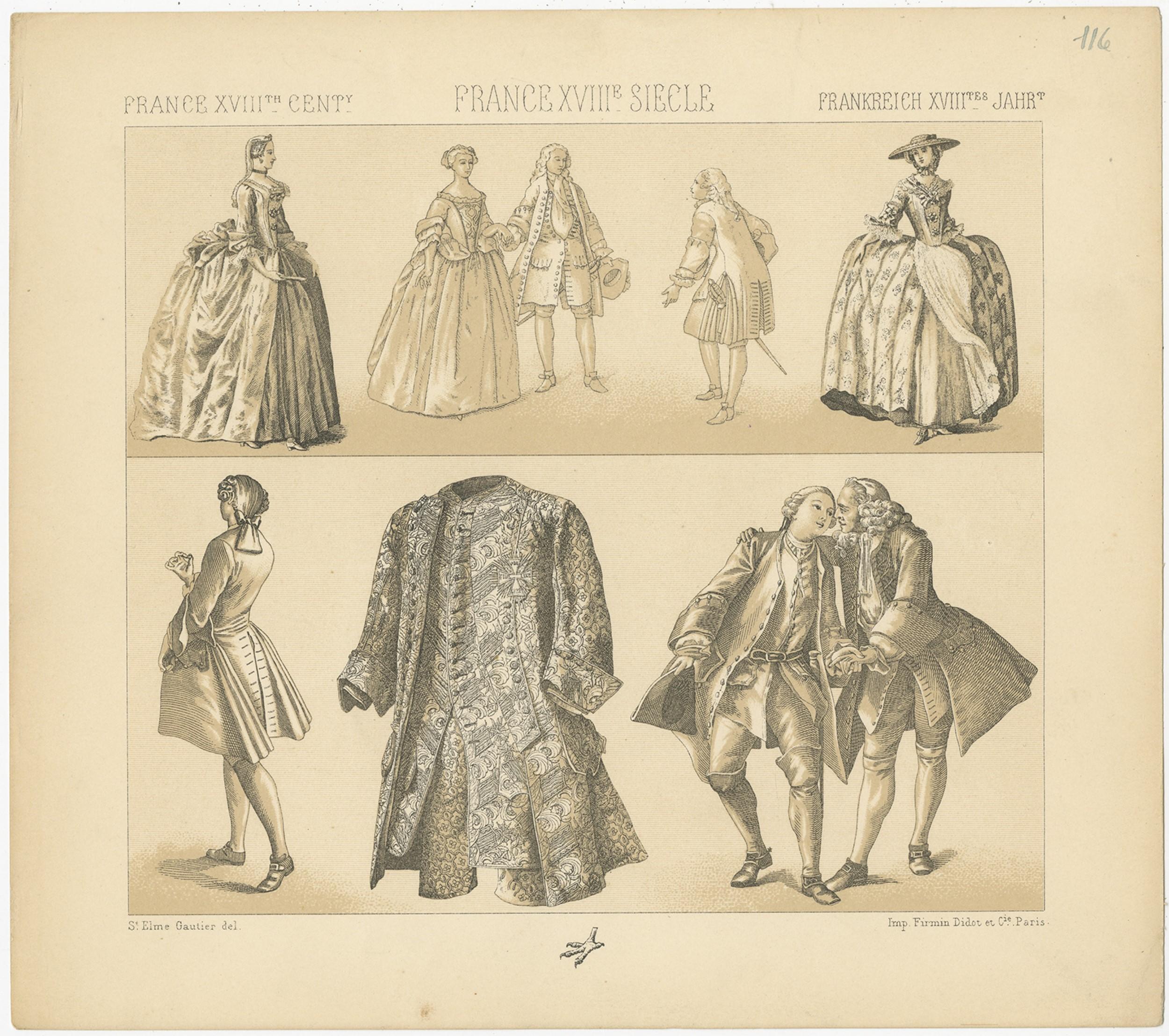 Antique print titled 'France XVIIIth Cent - France XVIIIe, Siecle - Frankreich XVIIItes Jahr'. Chromolithograph of French 18th century costumes. This print originates from 'Le Costume Historique' by M.A. Racinet. Published, circa 1880.
 
    
