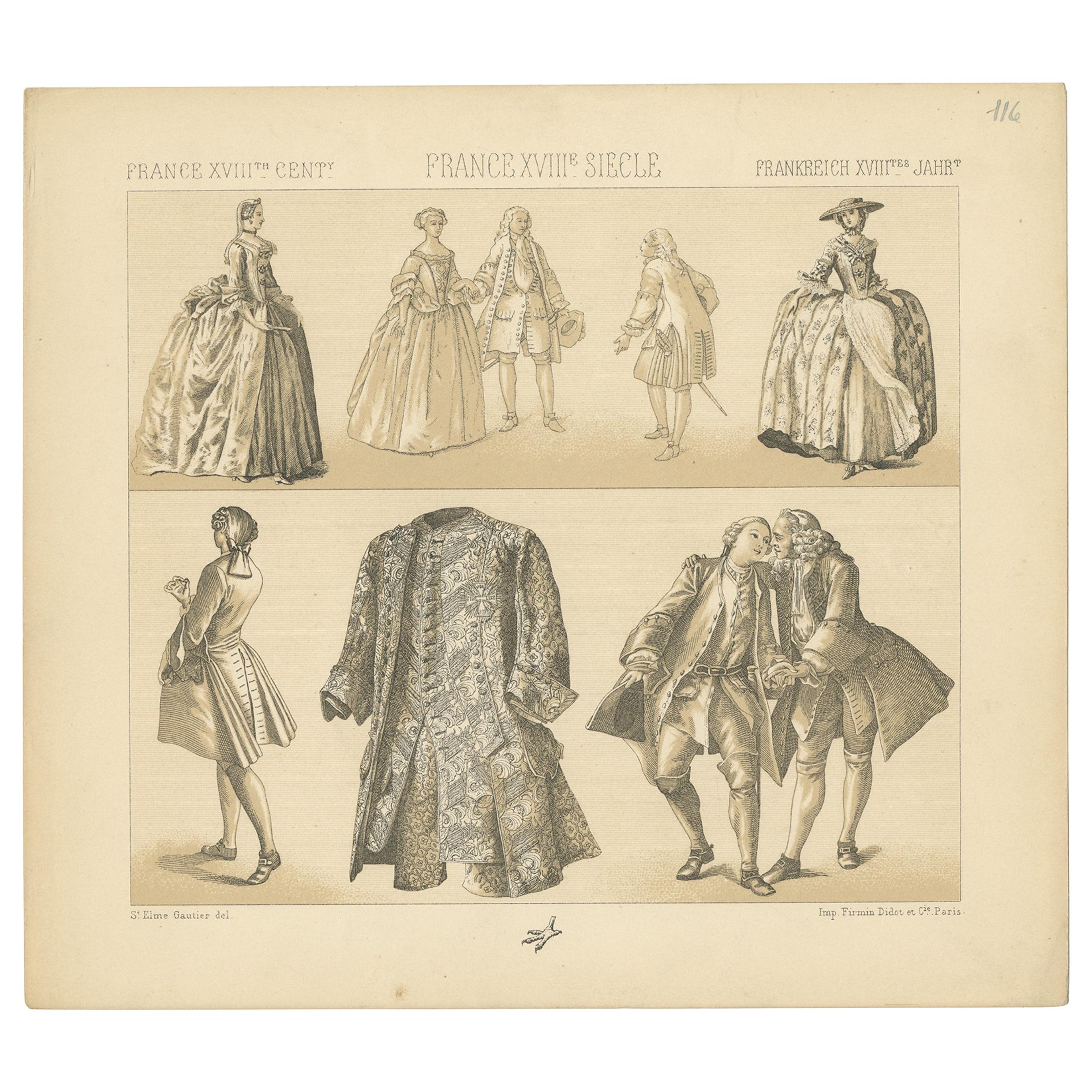 Pl 116 Antique Print of French 18th Century Costumes by Racinet, 'circa 1880'