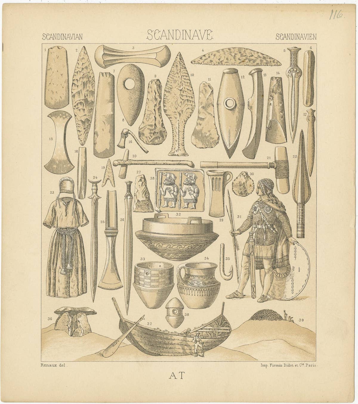 Pl. 116 Antique Print of Scandinavien Tools and Objects of Racinet, 'circa 1880'