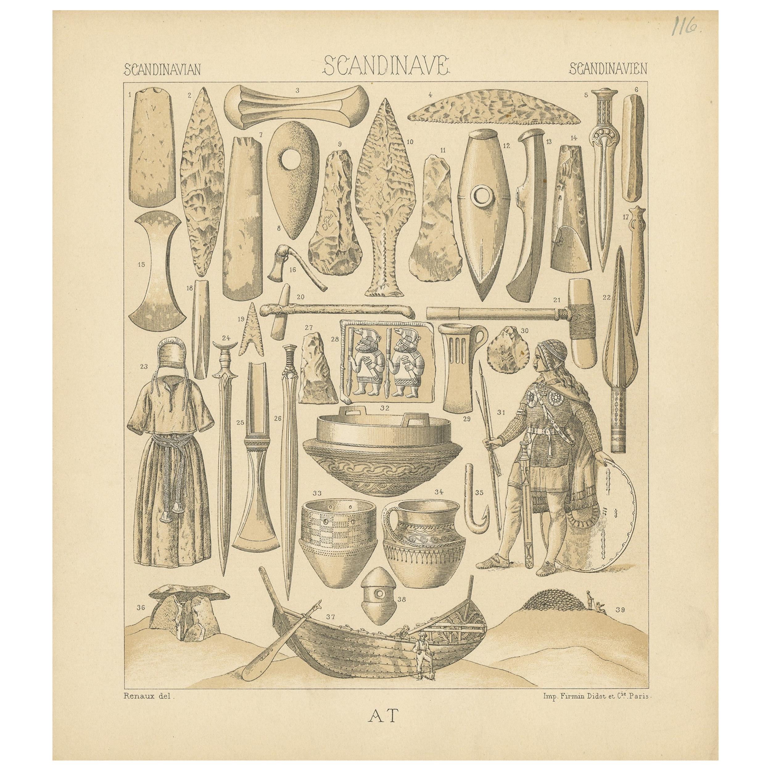 Pl. 116 Impression ancienne d'outils et d'objets scandinaves de racinet, vers 1880