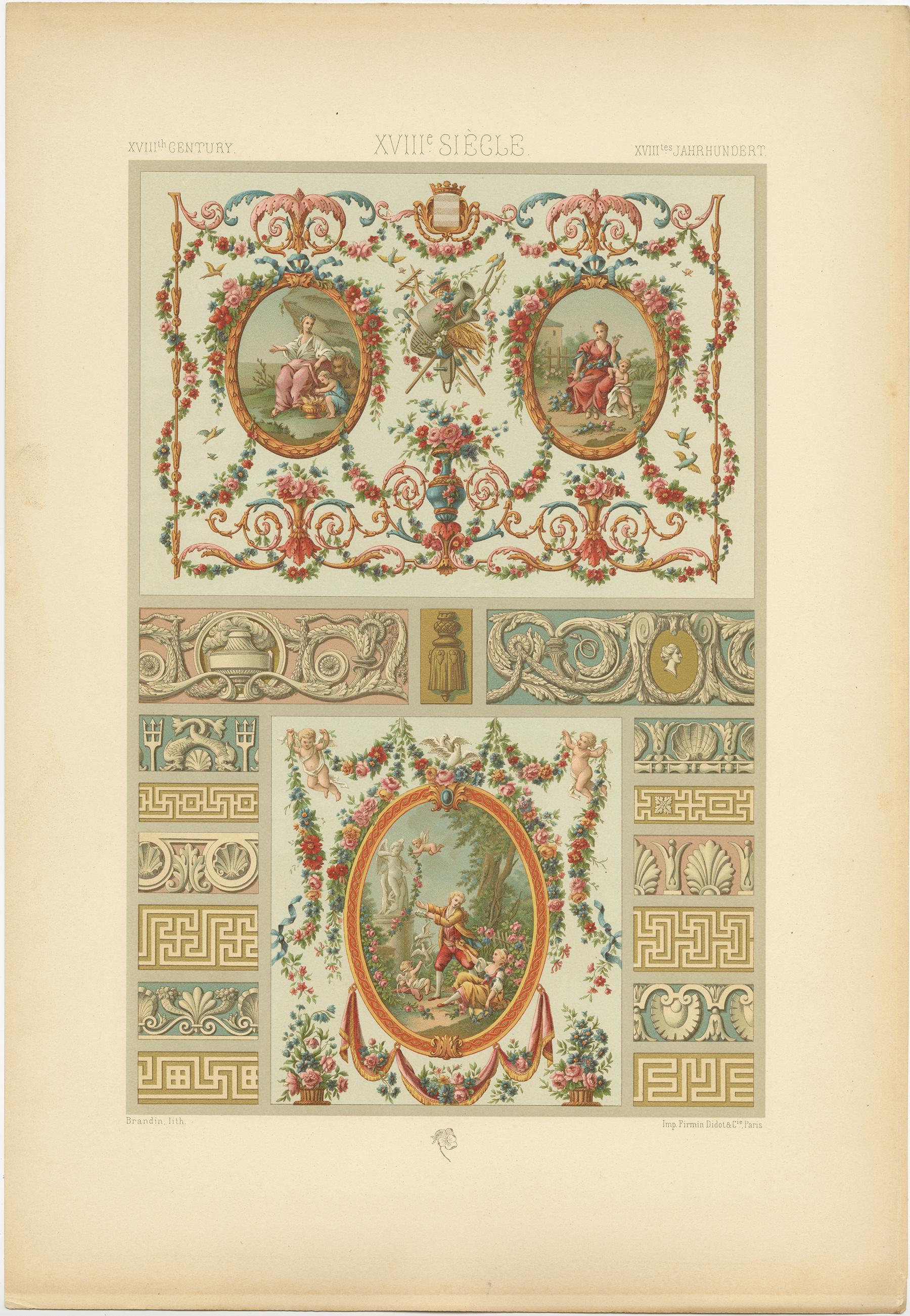 Antique print titled '18th Century - XIIIc Siècle -XVIIIles Jahrhundert'. Chromolithograph of details from French tapestries and wall panels ornaments. This print originates from 'l'Ornement Polychrome' by Auguste Racinet. Published circa 1890.