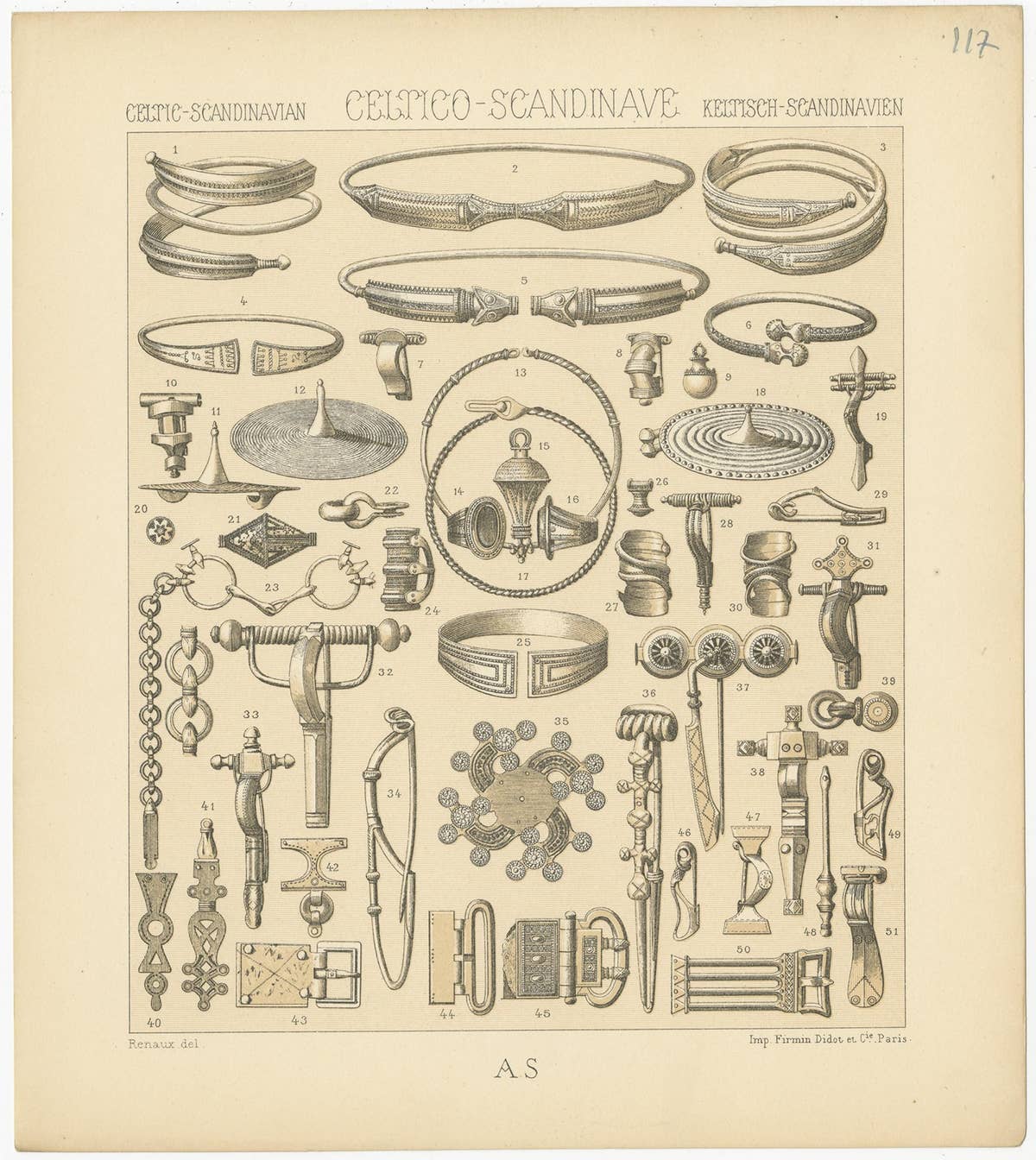 Pl. 117 Antique Print of Celtic-Scandinavian Objects of Racinet, 'circa 1880'