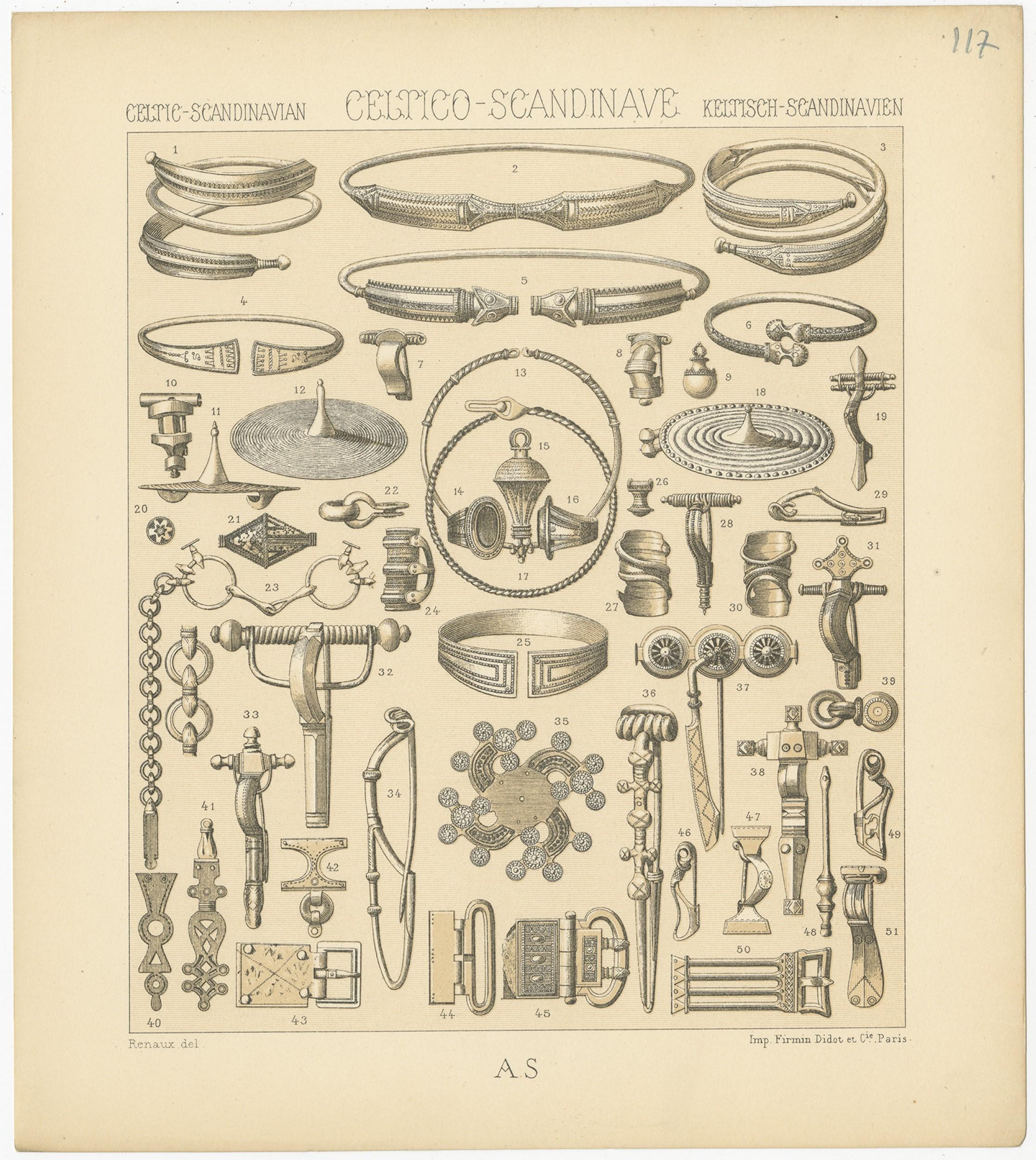 Pl. 117 Stampa antica di oggetti celtico-scandinavi di Racinet, 