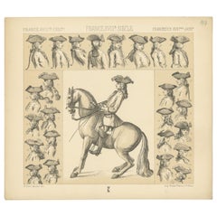 Antique Print of French 18th Century Tricorns and Horse in ca.1880