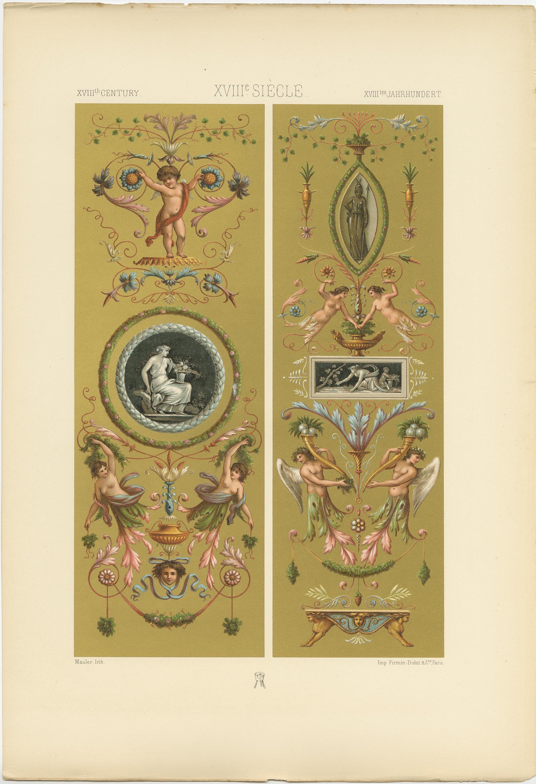 Antique print titled '18th Century - XIIIc Siècle -XVIIIles Jahrhundert'. Chromolithograph of paintings on the glass panels of Louis XVI armoire ornaments. This print originates from 'l'Ornement Polychrome' by Auguste Racinet. Published circa 1890.