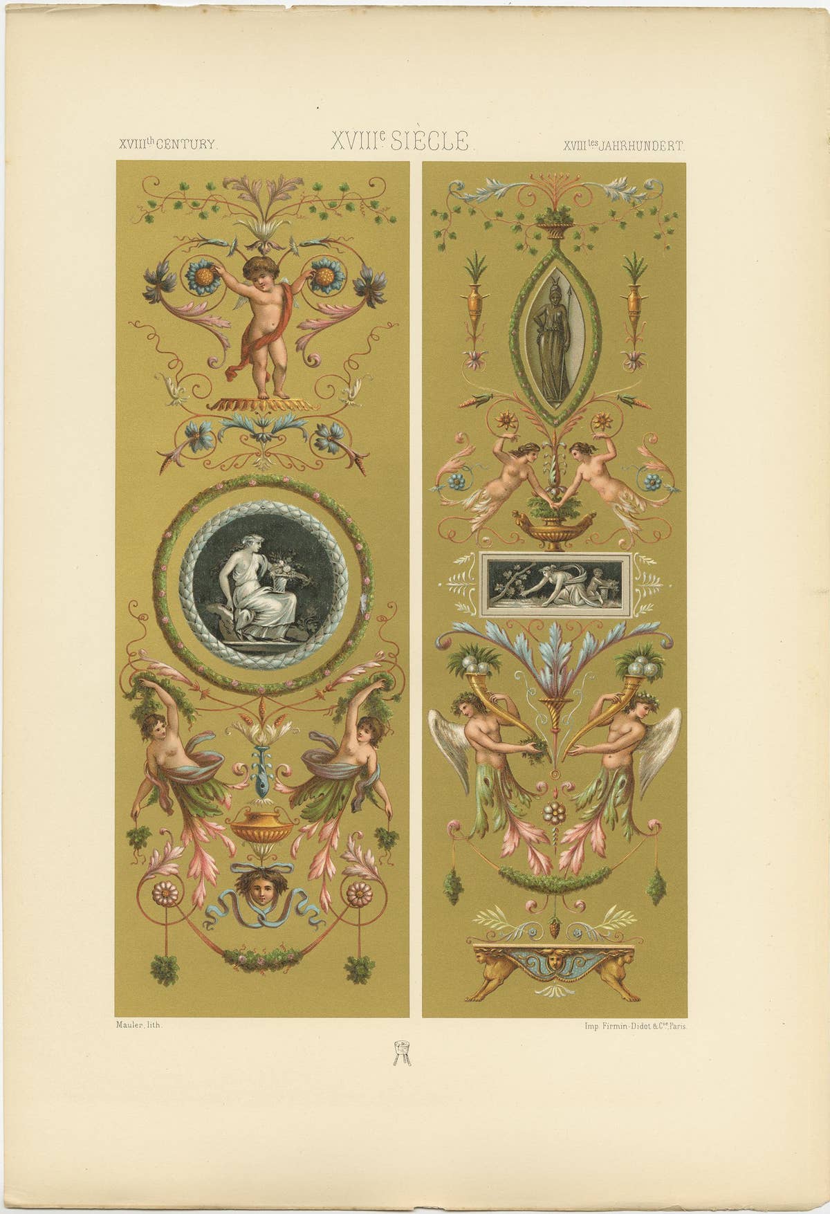 Pl. 118 Antique Print of 18th Century Paintings Glass by Racinet, circa 1890