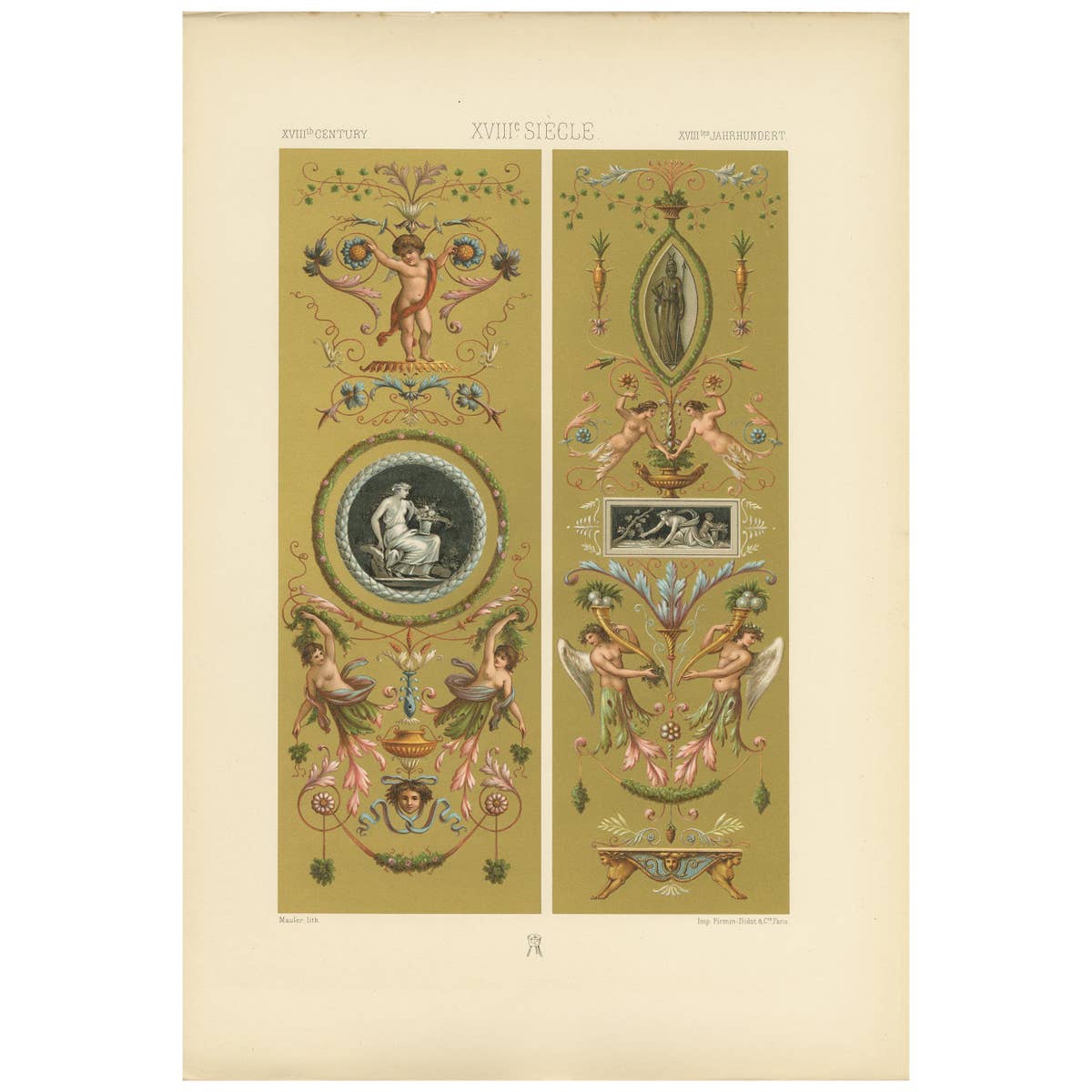 Pl. 118 Antique Print of 18th Century Paintings Glass by Racinet, circa 1890