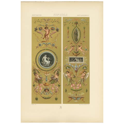 Pl. 118 Antique Print of 18th Century Paintings Glass by Racinet, circa 1890