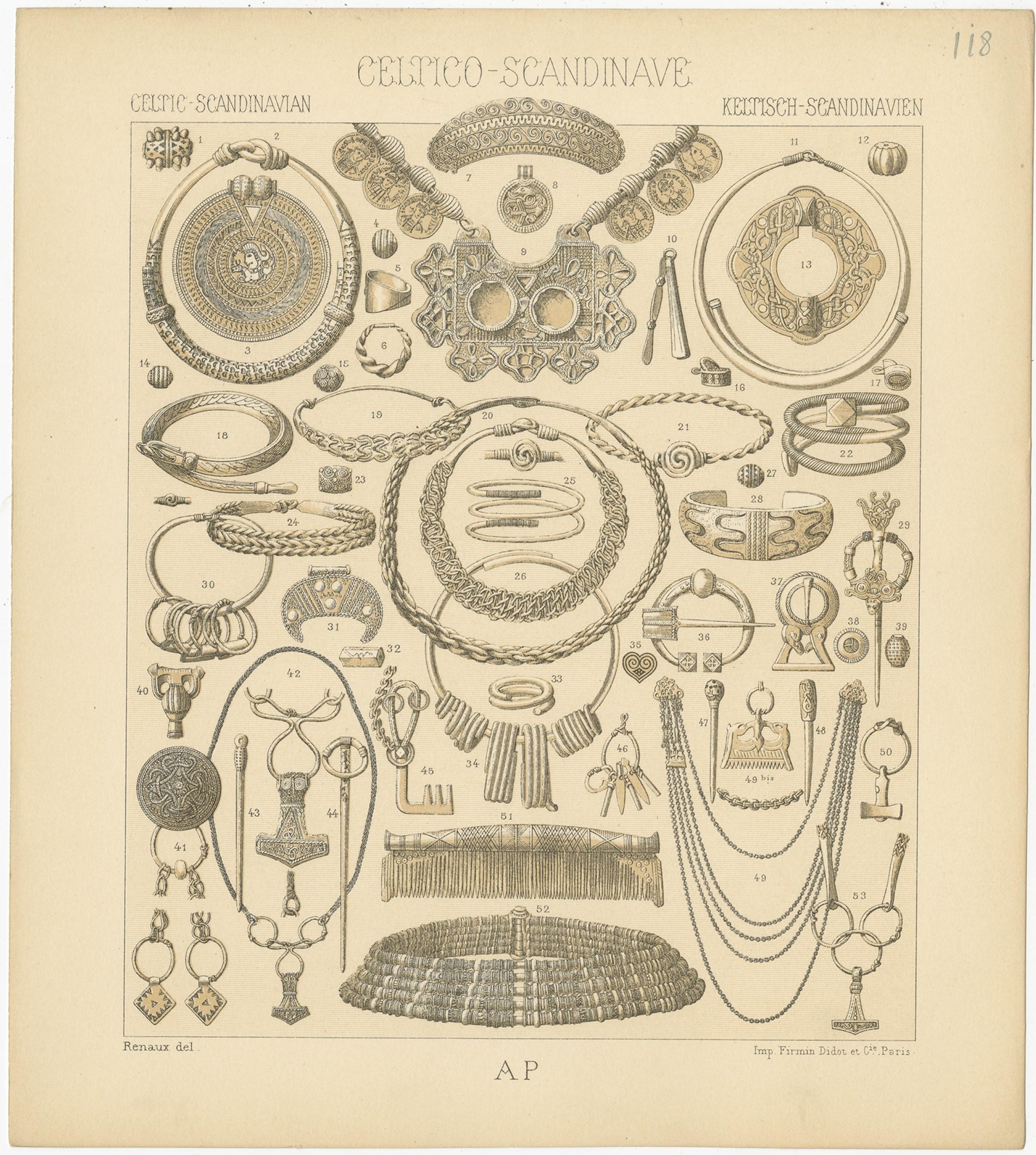 Pl. 118 Antique Print of Celtic-Scandinavian Jewelry of Racinet, 'circa 1880' In Good Condition For Sale In Langweer, NL
