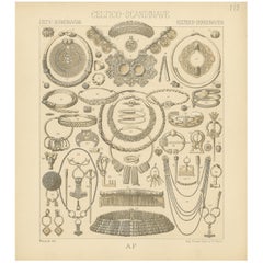 Pl. 118 Antique Print of Celtic-Scandinavian Jewelry of Racinet, 'circa 1880'