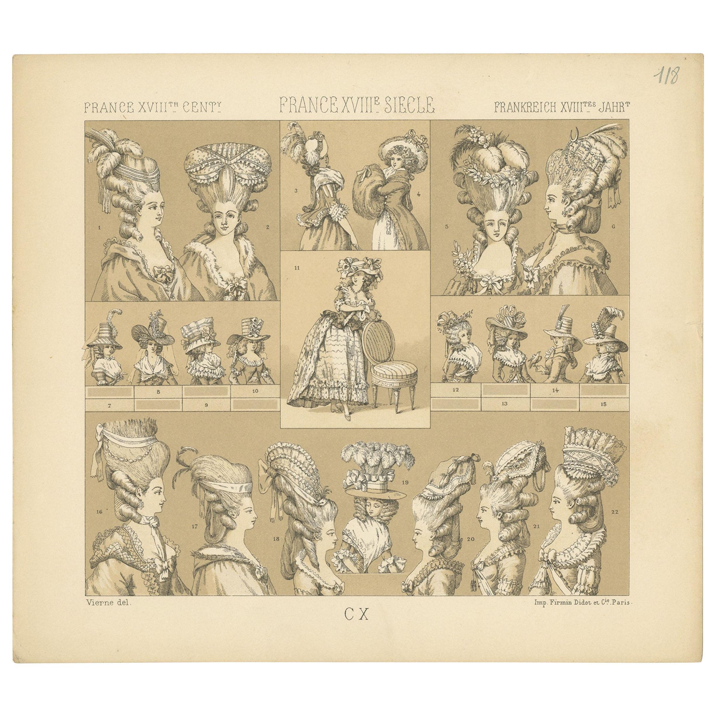 Antiker Druck französischer Frauenhuts aus dem 18. Jahrhundert von Racinet