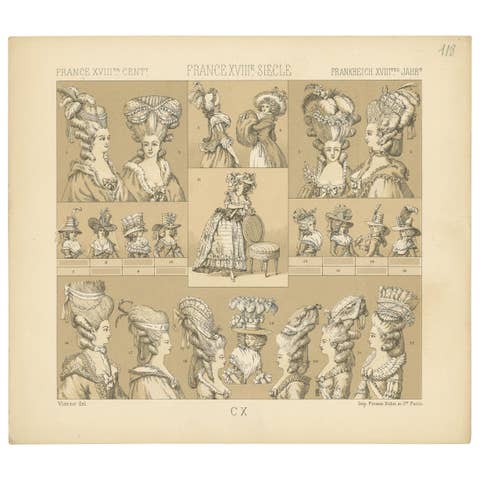 Antique Print of French 18th Century Women's Hats by Racinet