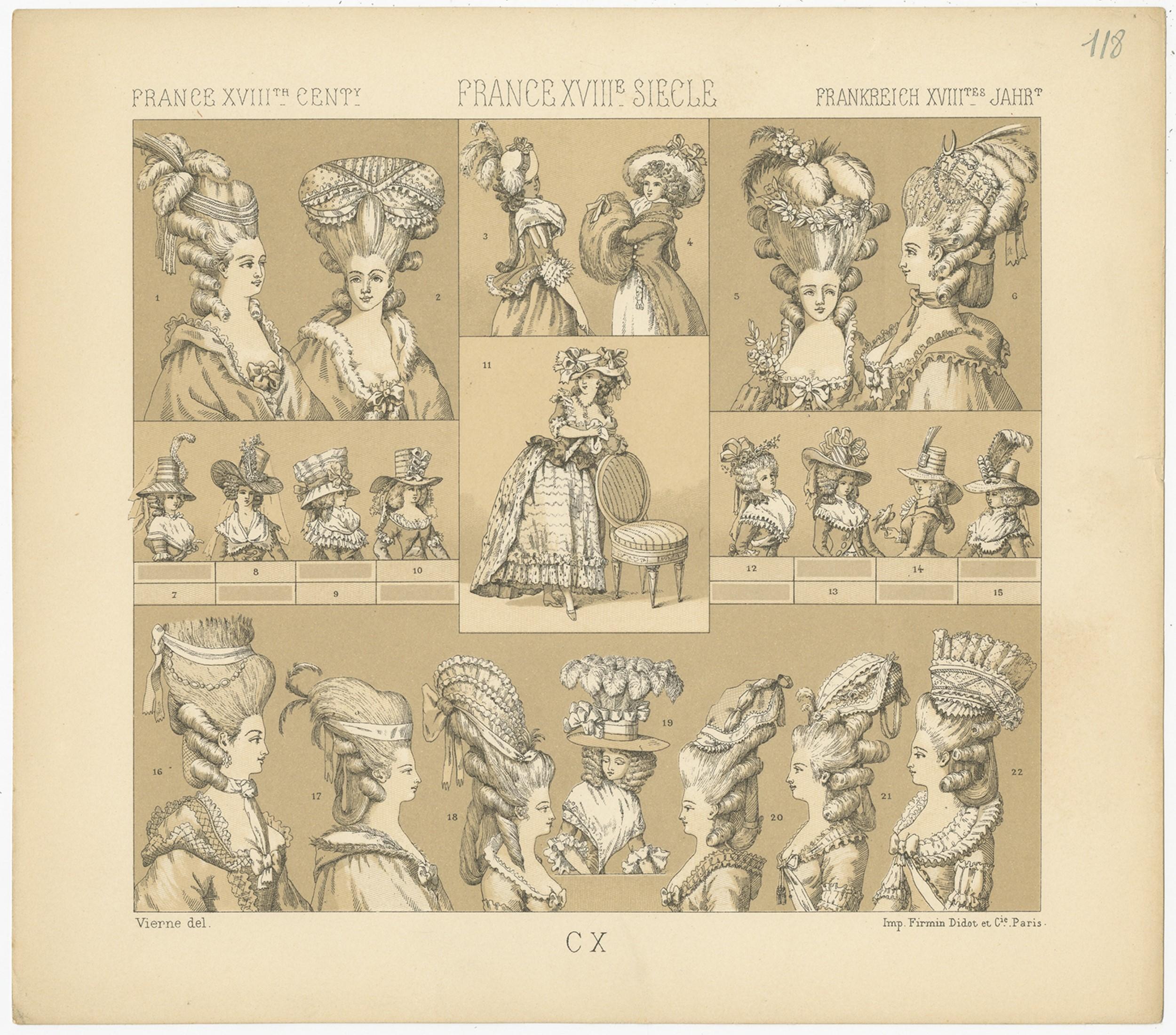 Antiker Druck mit dem Titel 'Frankreich XVIII. Cent - Frankreich XVIIIe, Siecle - Frankreich XVIIItes Jahr'. Chromolithographie von französischen Frauenhüten aus dem 18. Dieser Druck stammt aus 