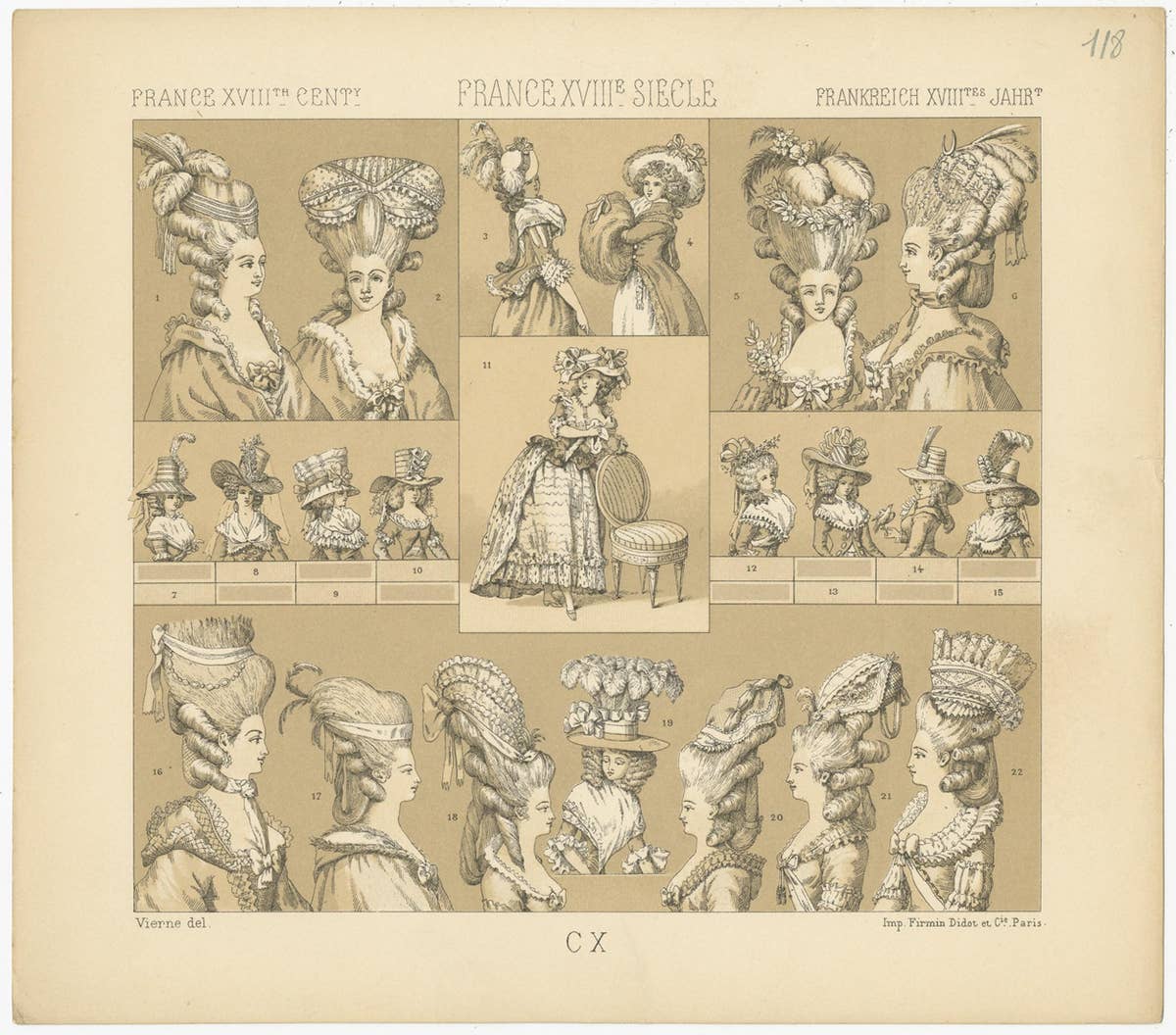 Antique Print of French 18th Century Women's Hats by Racinet