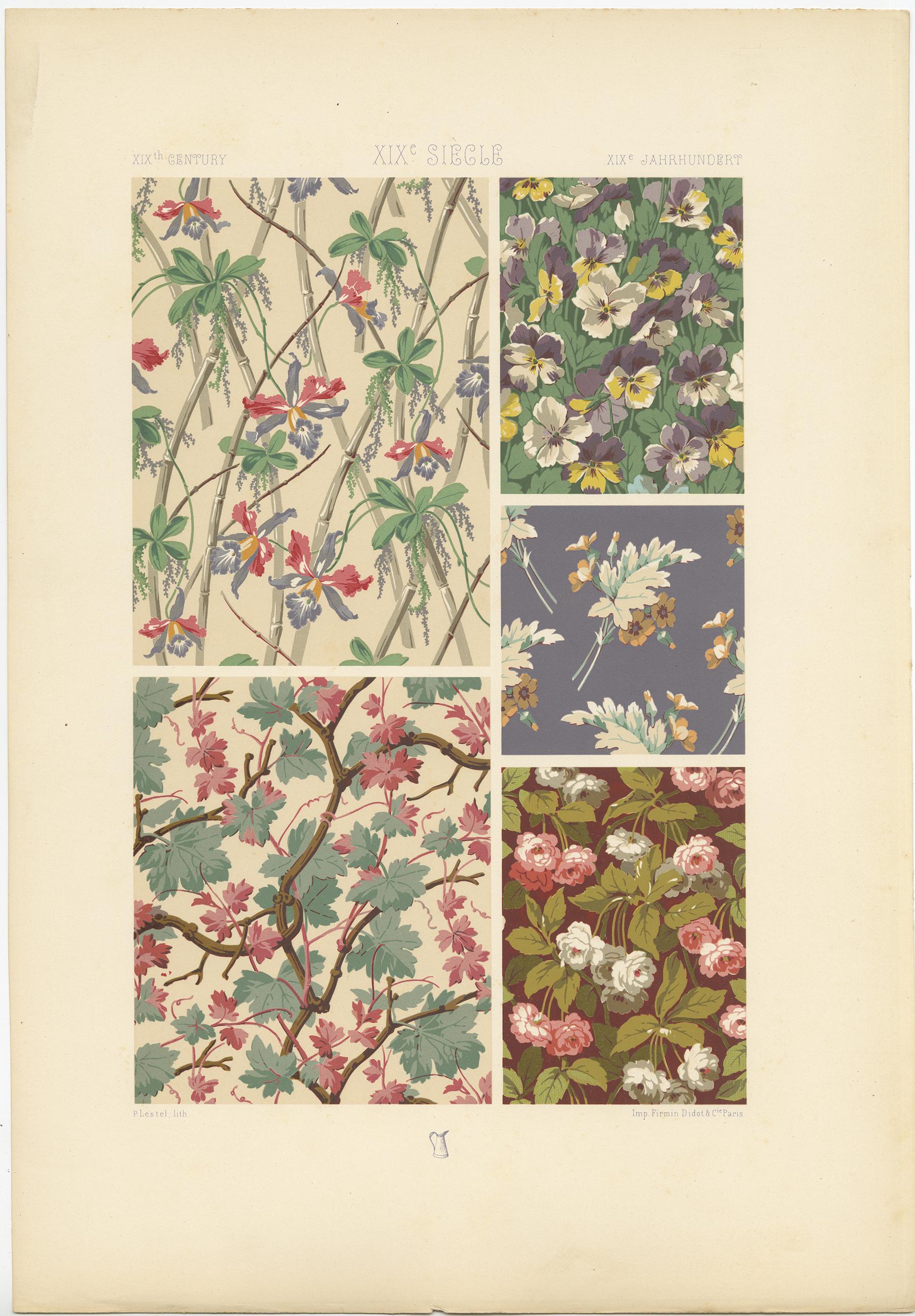 Antique print titled '19th Century - XIXc Siècle -XIXles Jahrhundert'. Chromolithograph of designs from painted fabrics and wallpapers ornaments. This print originates from 'l'Ornement Polychrome' by Auguste Racinet. Published circa 1890.