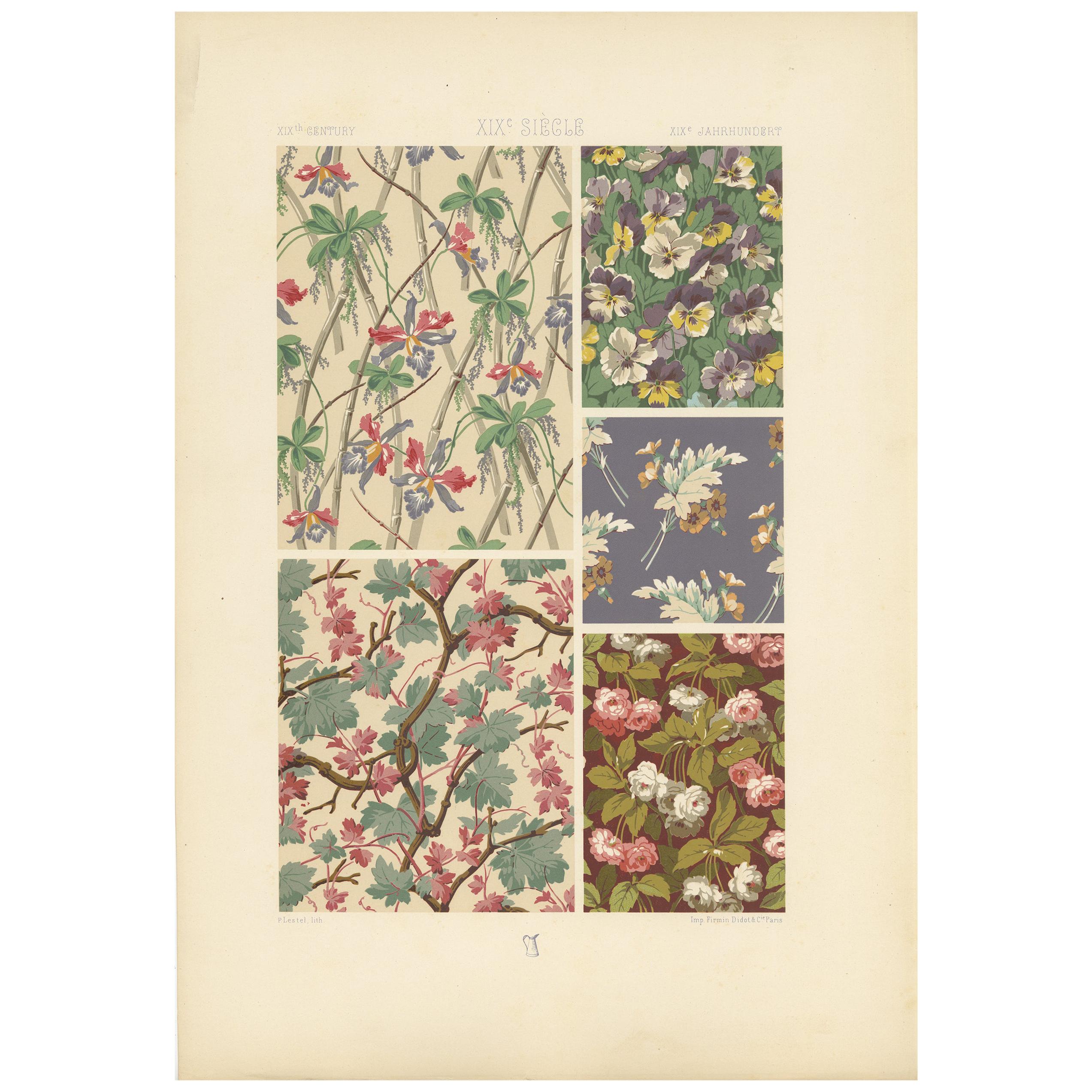 Pl. 119 Antique Print of 19th Century Painted Fabrics by Racinet, circa 1890 For Sale