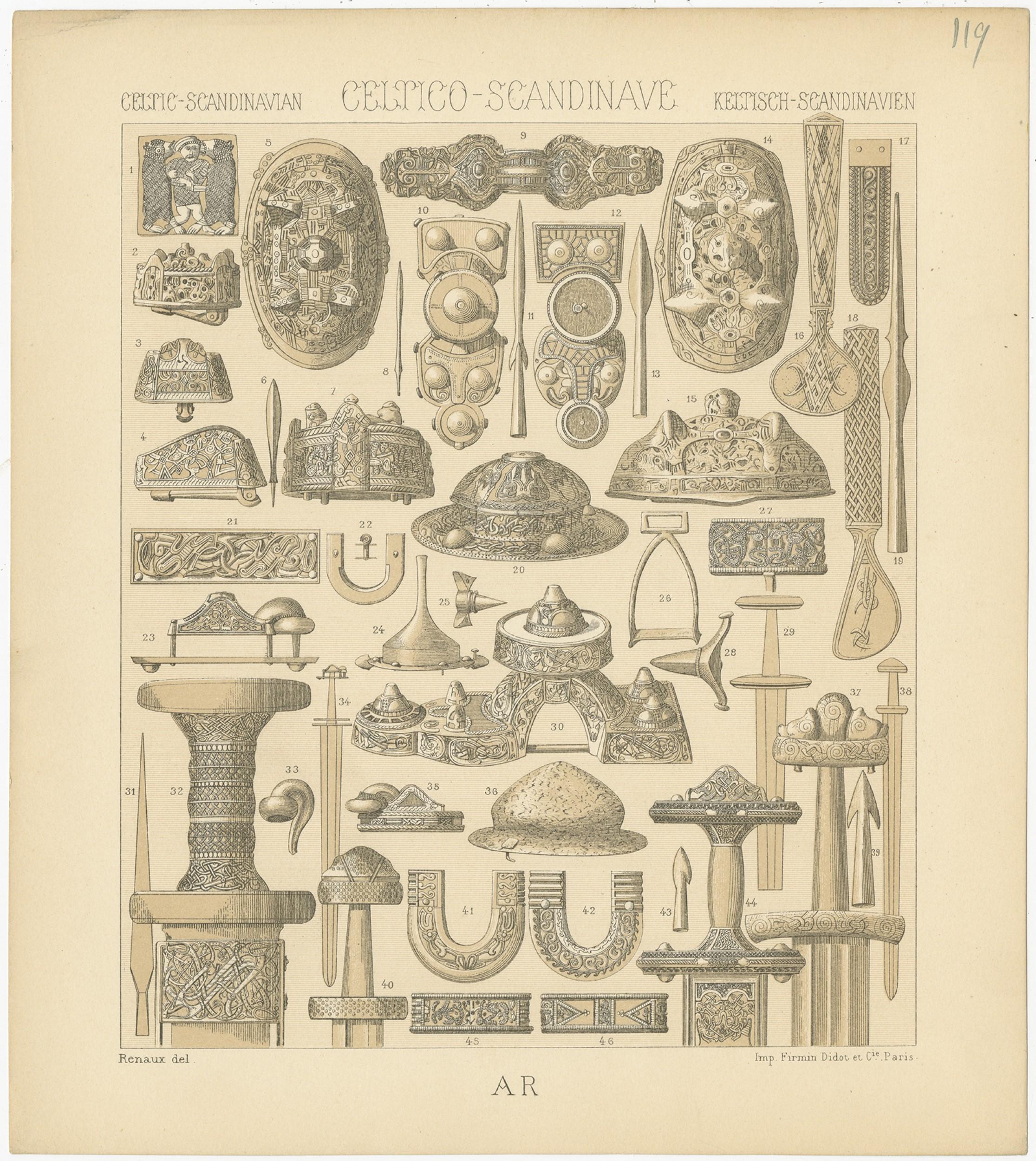 19th Century Pl. 119 Antique Print of Celtic-Scandinavian Objects of Racinet, 'circa 1880' For Sale