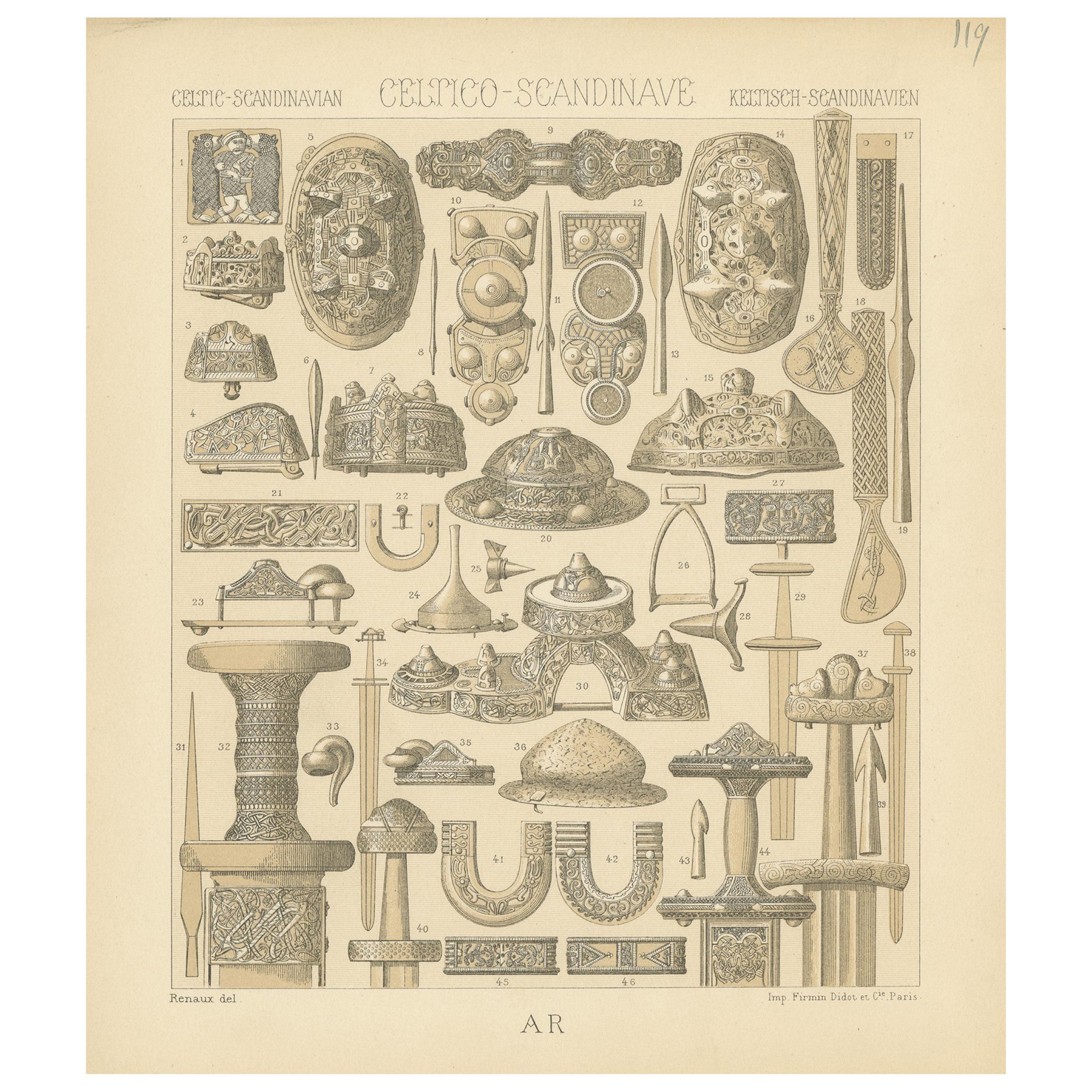 Pl. 119 Antique Print of Celtic-Scandinavian Objects of Racinet, 'circa 1880' For Sale