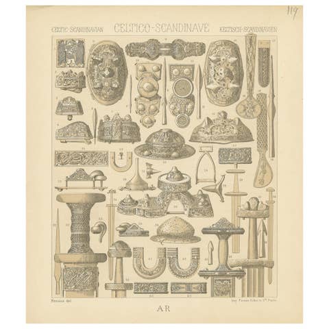 Pl. 119 Antique Print of Celtic-Scandinavian Objects of Racinet, 'circa 1880'