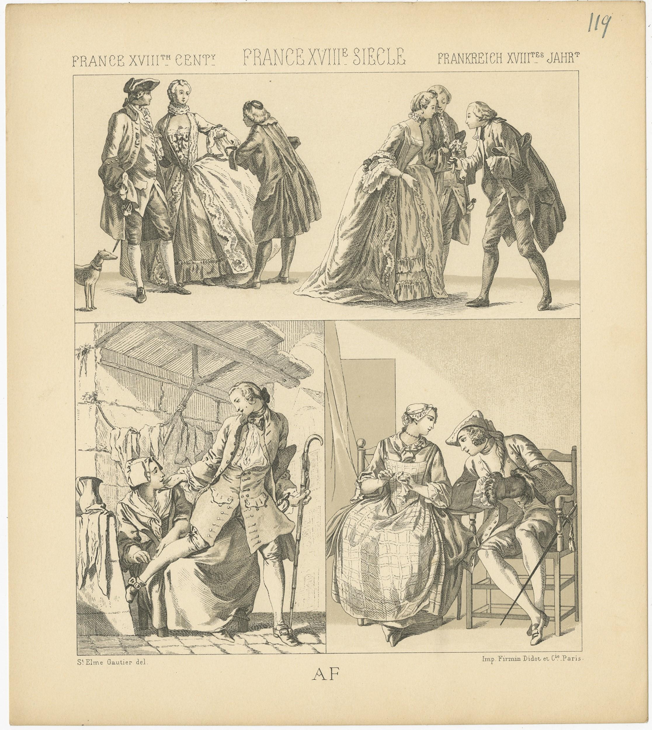 Antique print titled 'France XVIIIth Cent - France XVIIIe, Siecle - Frankreich XVIIItes Jahr'. Chromolithograph of French 18th century costumes. This print originates from 'Le Costume Historique' by M.A. Racinet. Published, circa 1880.

  