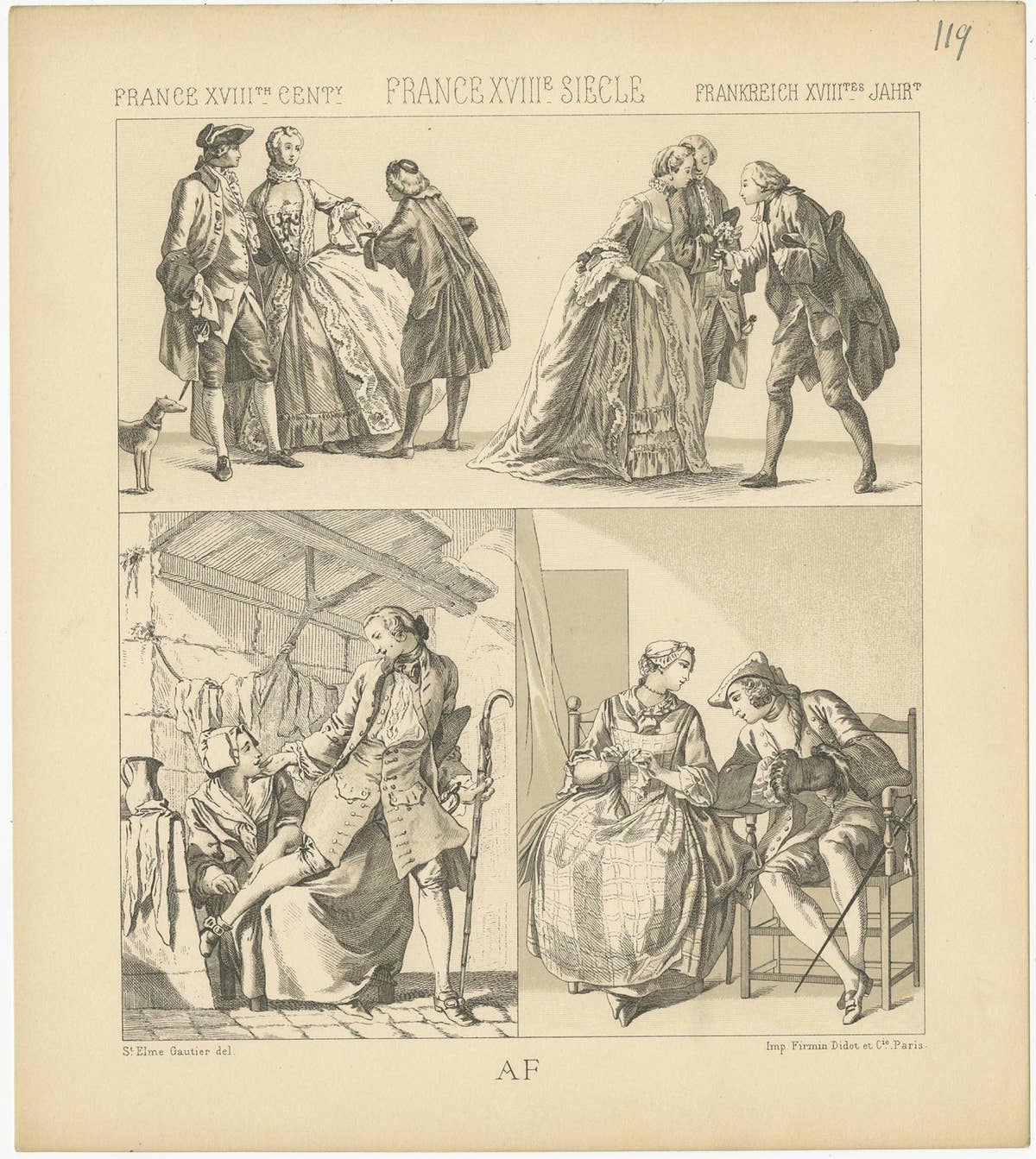 Pl. 119 Antique Print of French 18th Century Costumes by Racinet, 'circa 1880'