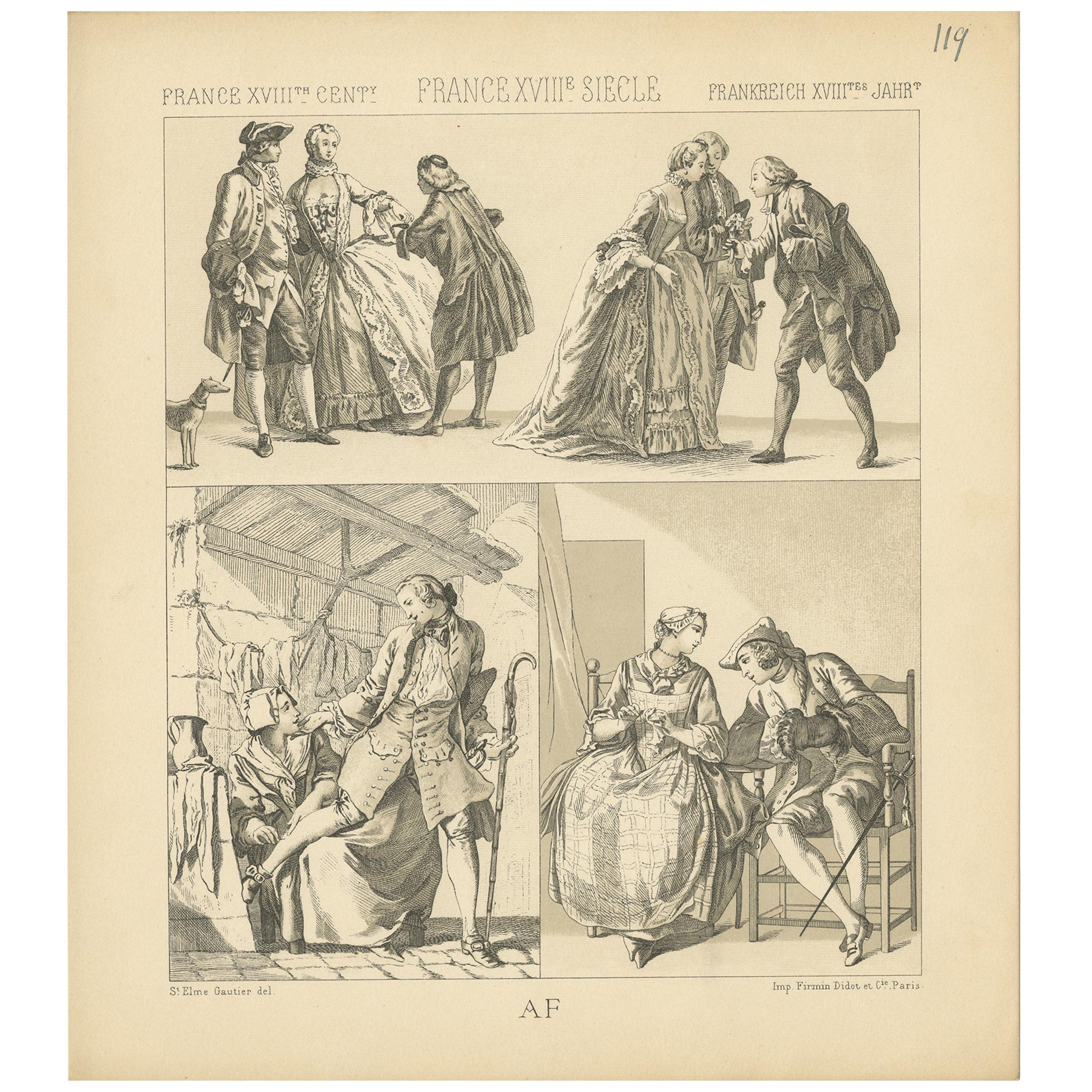 Impression ancienne de costumes françaises du XVIIIe siècle par Racinet, datant d'environ 1880